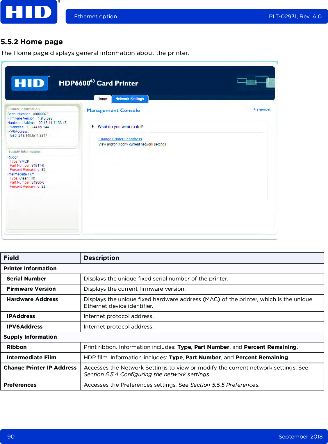 90 September 2018Ethernet option PLT-02931, Rev. A.05.5.2 Home pageThe Home page displays general information about the printer. Field DescriptionPrinter InformationSerial Number Displays the unique fixed serial number of the printer.Firmware Version Displays the current firmware version.Hardware Address Displays the unique fixed hardware address (MAC) of the printer, which is the unique Ethernet device identifier.IPAddress Internet protocol address.IPV6Address Internet protocol address.Supply InformationRibbon Print ribbon. Information includes: Type, Part Number, and Percent Remaining.Intermediate Film HDP film. Information includes: Type, Part Number, and Percent Remaining.Change Printer IP Address Accesses the Network Settings to view or modify the current network settings. See Section 5.5.4 Configuring the network settings.Preferences Accesses the Preferences settings. See Section 5.5.5 Preferences.