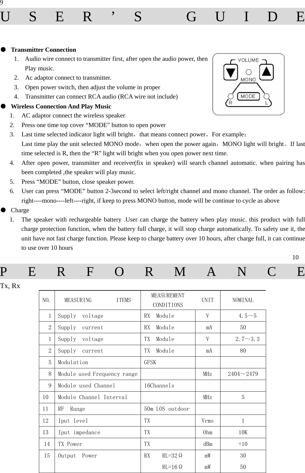 9 USER&rsquo;S GUIDE  ●  Transmitter Connection   1. Audio wire connect to transmitter first, after open the audio power, then Play music. 2.    Ac adaptor connect to transmitter. 3.    Open power switch, then adjust the volume in proper   4.    Transmitter can connect RCA audio (RCA wire not include) ●  Wireless Connection And Play Music 1. AC adaptor connect the wireless speaker   2. Press one time top cover &ldquo;MODE&rdquo; button to open power 3. Last time selected indicator light will bright，that means connect power。For example： Last time play the unit selected MONO mode，when open the power again，MONO light will bright。If last time selected is R, then the &ldquo;R&rdquo; light will bright when you open power next time. 4. After open power, transmitter and receiver(fix in speaker) will search channel automatic. when pairing has been completed ,the speaker will play music. 5. Press &ldquo;MODE&rdquo; button, close speaker power. 6. User can press &ldquo;MODE&rdquo; button 2-3second to select left/right channel and mono channel. The order as follow: right----mono----left----right, if keep to press MONO button, mode will be continue to cycle as above   ●  Charge 1. The speaker with rechargeable battery .User can charge the battery when play music. this product with full charge protection function, when the battery full charge, it will stop charge automatically. To safety use it, the unit have not fast charge function. Please keep to charge battery over 10 hours, after charge full, it can continue to use over 10 hours                                                                    10 PERFORMANCE  Tx, Rx NO.  MEASURING        ITEMS  MEASUREMENT  CONDITIONS  UNIT  NOMINAL 1  Supply  voltage  RX  Module  V     4.5～5 2  Supply  current  RX  Module   mA  50 1  Supply  voltage  TX  Module  V     2.7～3.3 2  Supply  current  TX  Module   mA  80 5  Modulation  GFSK         8  Module used Frequency range     MHz  2404～2479 9  Module used Channel  16Channels         10  Module Channel Interval      MHz  5 11  RF  Range   50m LOS outdoor         12  Iput level  TX  Vrms    1 13  Iput impedance   TX  Ohm  10K 14  TX Power  TX  dBm  +10 15  Output  Power  RX    RL=32&Omega;  mW  30               RL=16&Omega;  mW  50 