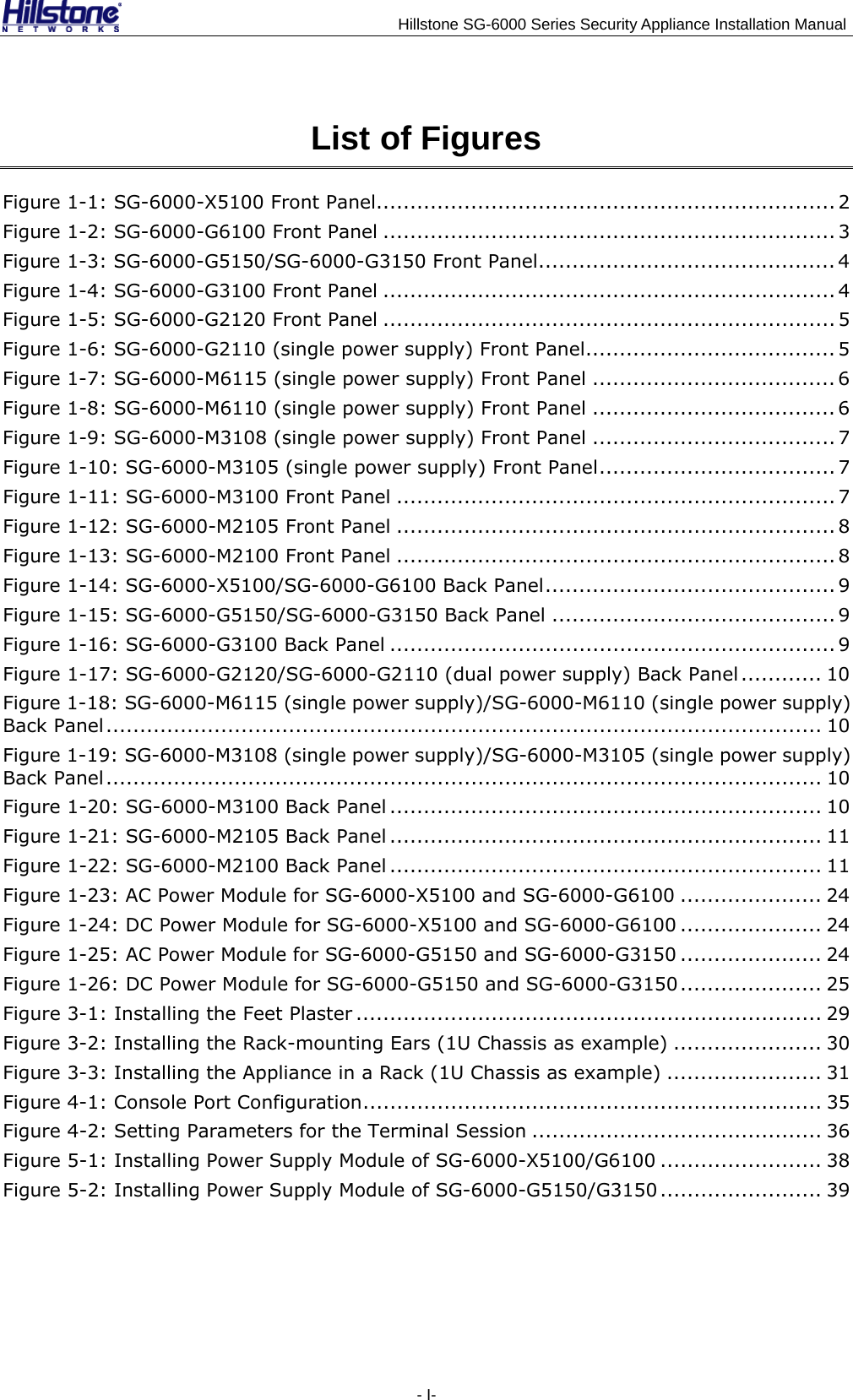                                    Hillstone SG-6000 Series Security Appliance Installation Manual List of Figures Figure 1-1: SG-6000-X5100 Front Panel.................................................................... 2 Figure 1-2: SG-6000-G6100 Front Panel ................................................................... 3 Figure 1-3: SG-6000-G5150/SG-6000-G3150 Front Panel............................................ 4 Figure 1-4: SG-6000-G3100 Front Panel ................................................................... 4 Figure 1-5: SG-6000-G2120 Front Panel ................................................................... 5 Figure 1-6: SG-6000-G2110 (single power supply) Front Panel..................................... 5 Figure 1-7: SG-6000-M6115 (single power supply) Front Panel .................................... 6 Figure 1-8: SG-6000-M6110 (single power supply) Front Panel .................................... 6 Figure 1-9: SG-6000-M3108 (single power supply) Front Panel .................................... 7 Figure 1-10: SG-6000-M3105 (single power supply) Front Panel................................... 7 Figure 1-11: SG-6000-M3100 Front Panel ................................................................. 7 Figure 1-12: SG-6000-M2105 Front Panel ................................................................. 8 Figure 1-13: SG-6000-M2100 Front Panel ................................................................. 8 Figure 1-14: SG-6000-X5100/SG-6000-G6100 Back Panel........................................... 9 Figure 1-15: SG-6000-G5150/SG-6000-G3150 Back Panel .......................................... 9 Figure 1-16: SG-6000-G3100 Back Panel .................................................................. 9 Figure 1-17: SG-6000-G2120/SG-6000-G2110 (dual power supply) Back Panel ............ 10 Figure 1-18: SG-6000-M6115 (single power supply)/SG-6000-M6110 (single power supply) Back Panel.......................................................................................................... 10 Figure 1-19: SG-6000-M3108 (single power supply)/SG-6000-M3105 (single power supply) Back Panel.......................................................................................................... 10 Figure 1-20: SG-6000-M3100 Back Panel ................................................................ 10 Figure 1-21: SG-6000-M2105 Back Panel ................................................................ 11 Figure 1-22: SG-6000-M2100 Back Panel ................................................................ 11 Figure 1-23: AC Power Module for SG-6000-X5100 and SG-6000-G6100 ..................... 24 Figure 1-24: DC Power Module for SG-6000-X5100 and SG-6000-G6100 ..................... 24 Figure 1-25: AC Power Module for SG-6000-G5150 and SG-6000-G3150 ..................... 24 Figure 1-26: DC Power Module for SG-6000-G5150 and SG-6000-G3150..................... 25 Figure 3-1: Installing the Feet Plaster ..................................................................... 29 Figure 3-2: Installing the Rack-mounting Ears (1U Chassis as example) ...................... 30 Figure 3-3: Installing the Appliance in a Rack (1U Chassis as example) ....................... 31 Figure 4-1: Console Port Configuration.................................................................... 35 Figure 4-2: Setting Parameters for the Terminal Session ........................................... 36 Figure 5-1: Installing Power Supply Module of SG-6000-X5100/G6100 ........................ 38 Figure 5-2: Installing Power Supply Module of SG-6000-G5150/G3150 ........................ 39 - I- 