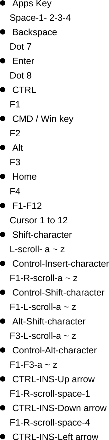  Apps Key Space-1- 2-3-4  Backspace Dot 7  Enter Dot 8  CTRL F1   CMD / Win key F2  Alt F3  Home F4  F1-F12 Cursor 1 to 12  Shift-character L-scroll- a ~ z  Control-Insert-character F1-R-scroll-a ~ z  Control-Shift-character F1-L-scroll-a ~ z  Alt-Shift-character F3-L-scroll-a ~ z  Control-Alt-character F1-F3-a ~ z  CTRL-INS-Up arrow F1-R-scroll-space-1  CTRL-INS-Down arrow F1-R-scroll-space-4  CTRL-INS-Left arrow 