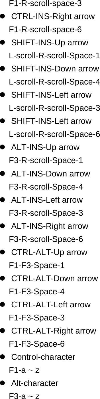 F1-R-scroll-space-3  CTRL-INS-Right arrow F1-R-scroll-space-6  SHIFT-INS-Up arrow L-scroll-R-scroll-Space-1  SHIFT-INS-Down arrow L-scroll-R-scroll-Space-4  SHIFT-INS-Left arrow L-scroll-R-scroll-Space-3  SHIFT-INS-Left arrow L-scroll-R-scroll-Space-6  ALT-INS-Up arrow F3-R-scroll-Space-1  ALT-INS-Down arrow F3-R-scroll-Space-4  ALT-INS-Left arrow F3-R-scroll-Space-3  ALT-INS-Right arrow F3-R-scroll-Space-6  CTRL-ALT-Up arrow F1-F3-Space-1  CTRL-ALT-Down arrow F1-F3-Space-4  CTRL-ALT-Left arrow F1-F3-Space-3  CTRL-ALT-Right arrow F1-F3-Space-6  Control-character F1-a ~ z  Alt-character F3-a ~ z 