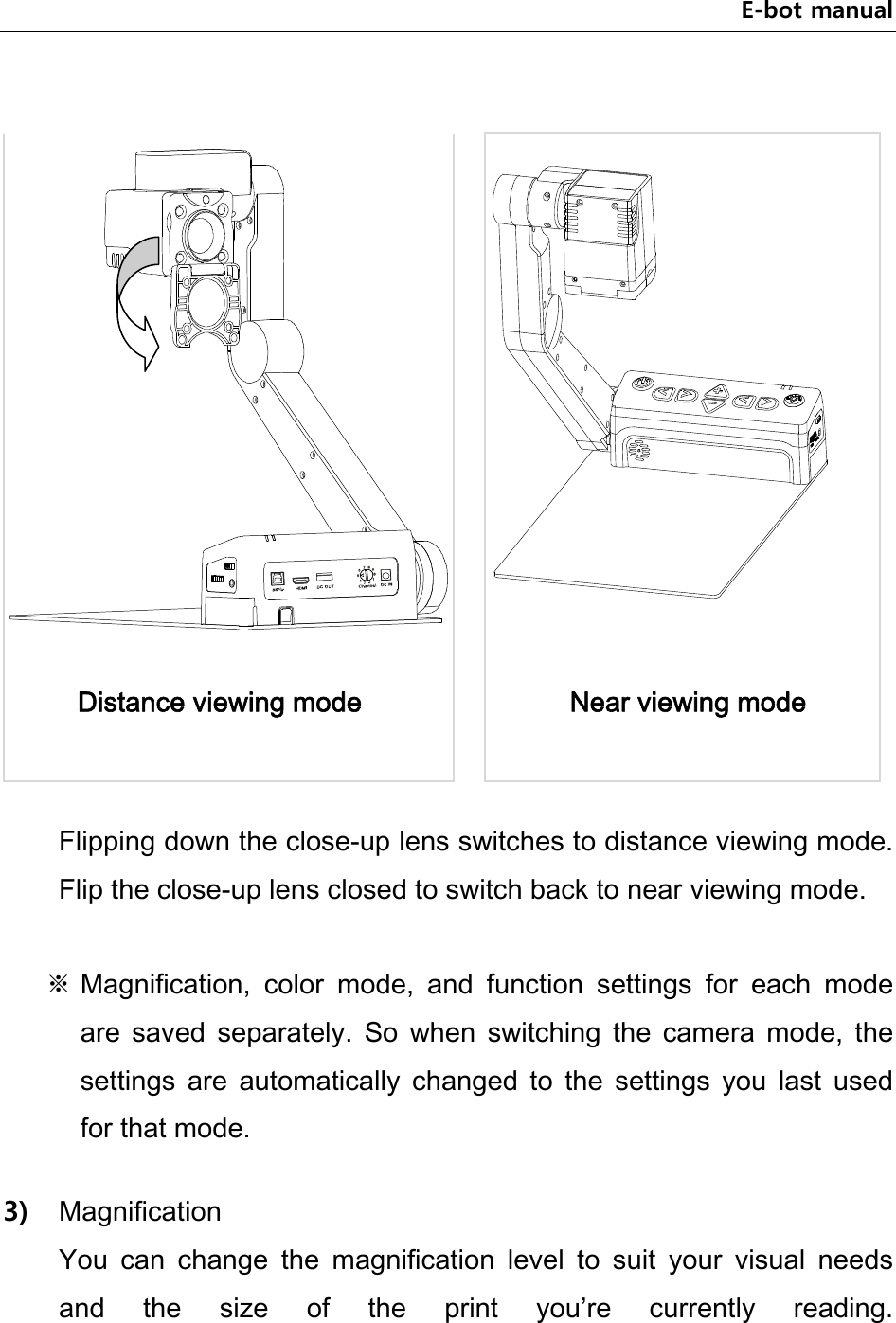 E-bot manual          Flipping down the close-up lens switches to distance viewing mode. Flip the close-up lens closed to switch back to near viewing mode.  ※ Magnification,  color  mode,  and  function  settings  for  each  mode are  saved  separately.  So  when  switching  the  camera  mode,  the settings  are  automatically  changed  to  the  settings  you  last  used for that mode.    3) Magnification You  can  change  the  magnification  level  to  suit  your  visual  needs and  the  size  of  the  print  you’re  currently  reading. Near viewing mode Distance viewing mode 