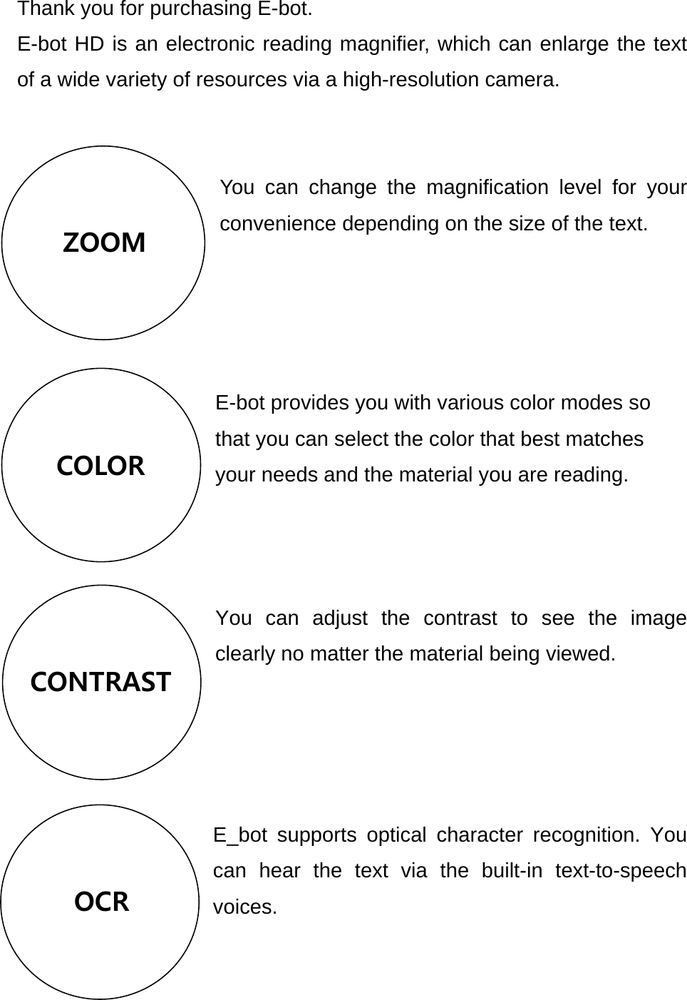  ZOOM  CONTRAST  COLOR  OCR Thank you for purchasing E-bot.   E-bot HD is an electronic reading magnifier, which can enlarge the text of a wide variety of resources via a high-resolution camera.   You can change the magnification level for your convenience depending on the size of the text.       E-bot provides you with various color modes so that you can select the color that best matches your needs and the material you are reading.    You can adjust the contrast to see the image clearly no matter the material being viewed.     E_bot supports optical character recognition. You can hear the text via the built-in text-to-speech voices.   