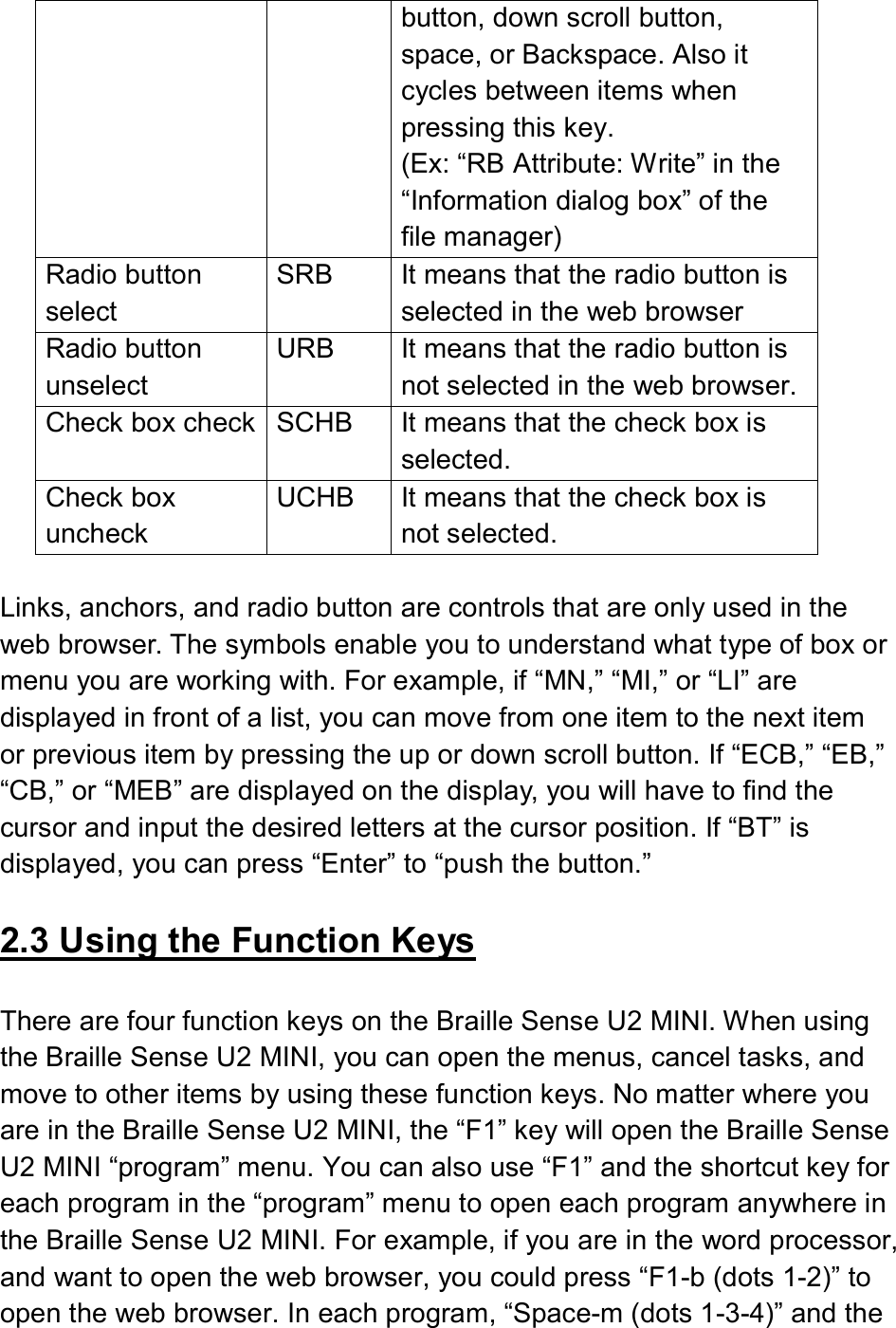  button, down scroll button, space, or Backspace. Also it cycles between items when pressing this key. (Ex: “RB Attribute: Write” in the “Information dialog box” of the file manager) Radio button select SRB  It means that the radio button is selected in the web browser Radio button unselect URB  It means that the radio button is not selected in the web browser. Check box check SCHB  It means that the check box is selected. Check box uncheck UCHB  It means that the check box is not selected.    Links, anchors, and radio button are controls that are only used in the web browser. The symbols enable you to understand what type of box or menu you are working with. For example, if “MN,” “MI,” or “LI” are displayed in front of a list, you can move from one item to the next item or previous item by pressing the up or down scroll button. If “ECB,” “EB,” “CB,” or “MEB” are displayed on the display, you will have to find the cursor and input the desired letters at the cursor position. If “BT” is displayed, you can press “Enter” to “push the button.”  2.3 Using the Function Keys  There are four function keys on the Braille Sense U2 MINI. When using the Braille Sense U2 MINI, you can open the menus, cancel tasks, and move to other items by using these function keys. No matter where you are in the Braille Sense U2 MINI, the “F1” key will open the Braille Sense U2 MINI “program” menu. You can also use “F1” and the shortcut key for each program in the “program” menu to open each program anywhere in the Braille Sense U2 MINI. For example, if you are in the word processor, and want to open the web browser, you could press “F1-b (dots 1-2)” to open the web browser. In each program, “Space-m (dots 1-3-4)” and the 