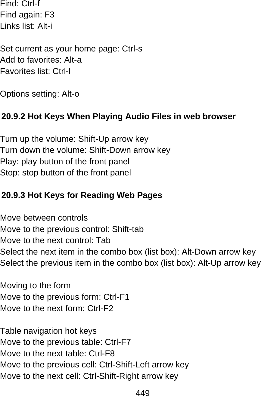 449  Find: Ctrl-f  Find again: F3  Links list: Alt-i  Set current as your home page: Ctrl-s  Add to favorites: Alt-a  Favorites list: Ctrl-l  Options setting: Alt-o   20.9.2 Hot Keys When Playing Audio Files in web browser  Turn up the volume: Shift-Up arrow key Turn down the volume: Shift-Down arrow key Play: play button of the front panel Stop: stop button of the front panel  20.9.3 Hot Keys for Reading Web Pages  Move between controls Move to the previous control: Shift-tab  Move to the next control: Tab Select the next item in the combo box (list box): Alt-Down arrow key Select the previous item in the combo box (list box): Alt-Up arrow key  Moving to the form Move to the previous form: Ctrl-F1 Move to the next form: Ctrl-F2  Table navigation hot keys Move to the previous table: Ctrl-F7 Move to the next table: Ctrl-F8 Move to the previous cell: Ctrl-Shift-Left arrow key Move to the next cell: Ctrl-Shift-Right arrow key 