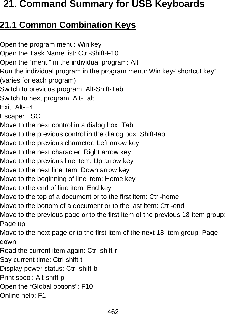462  21. Command Summary for USB Keyboards  21.1 Common Combination Keys  Open the program menu: Win key Open the Task Name list: Ctrl-Shift-F10 Open the “menu” in the individual program: Alt  Run the individual program in the program menu: Win key-”shortcut key” (varies for each program) Switch to previous program: Alt-Shift-Tab Switch to next program: Alt-Tab Exit: Alt-F4 Escape: ESC Move to the next control in a dialog box: Tab Move to the previous control in the dialog box: Shift-tab Move to the previous character: Left arrow key Move to the next character: Right arrow key Move to the previous line item: Up arrow key Move to the next line item: Down arrow key Move to the beginning of line item: Home key Move to the end of line item: End key Move to the top of a document or to the first item: Ctrl-home Move to the bottom of a document or to the last item: Ctrl-end Move to the previous page or to the first item of the previous 18-item group: Page up Move to the next page or to the first item of the next 18-item group: Page down Read the current item again: Ctrl-shift-r Say current time: Ctrl-shift-t Display power status: Ctrl-shift-b Print spool: Alt-shift-p Open the “Global options”: F10 Online help: F1 