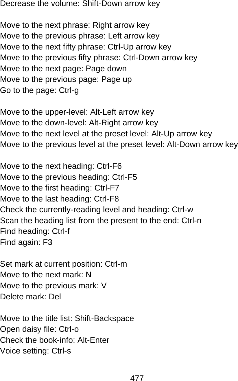 477  Decrease the volume: Shift-Down arrow key  Move to the next phrase: Right arrow key Move to the previous phrase: Left arrow key Move to the next fifty phrase: Ctrl-Up arrow key Move to the previous fifty phrase: Ctrl-Down arrow key Move to the next page: Page down Move to the previous page: Page up Go to the page: Ctrl-g  Move to the upper-level: Alt-Left arrow key Move to the down-level: Alt-Right arrow key Move to the next level at the preset level: Alt-Up arrow key Move to the previous level at the preset level: Alt-Down arrow key  Move to the next heading: Ctrl-F6 Move to the previous heading: Ctrl-F5 Move to the first heading: Ctrl-F7 Move to the last heading: Ctrl-F8 Check the currently-reading level and heading: Ctrl-w Scan the heading list from the present to the end: Ctrl-n Find heading: Ctrl-f Find again: F3  Set mark at current position: Ctrl-m Move to the next mark: N Move to the previous mark: V Delete mark: Del  Move to the title list: Shift-Backspace Open daisy file: Ctrl-o Check the book-info: Alt-Enter Voice setting: Ctrl-s  
