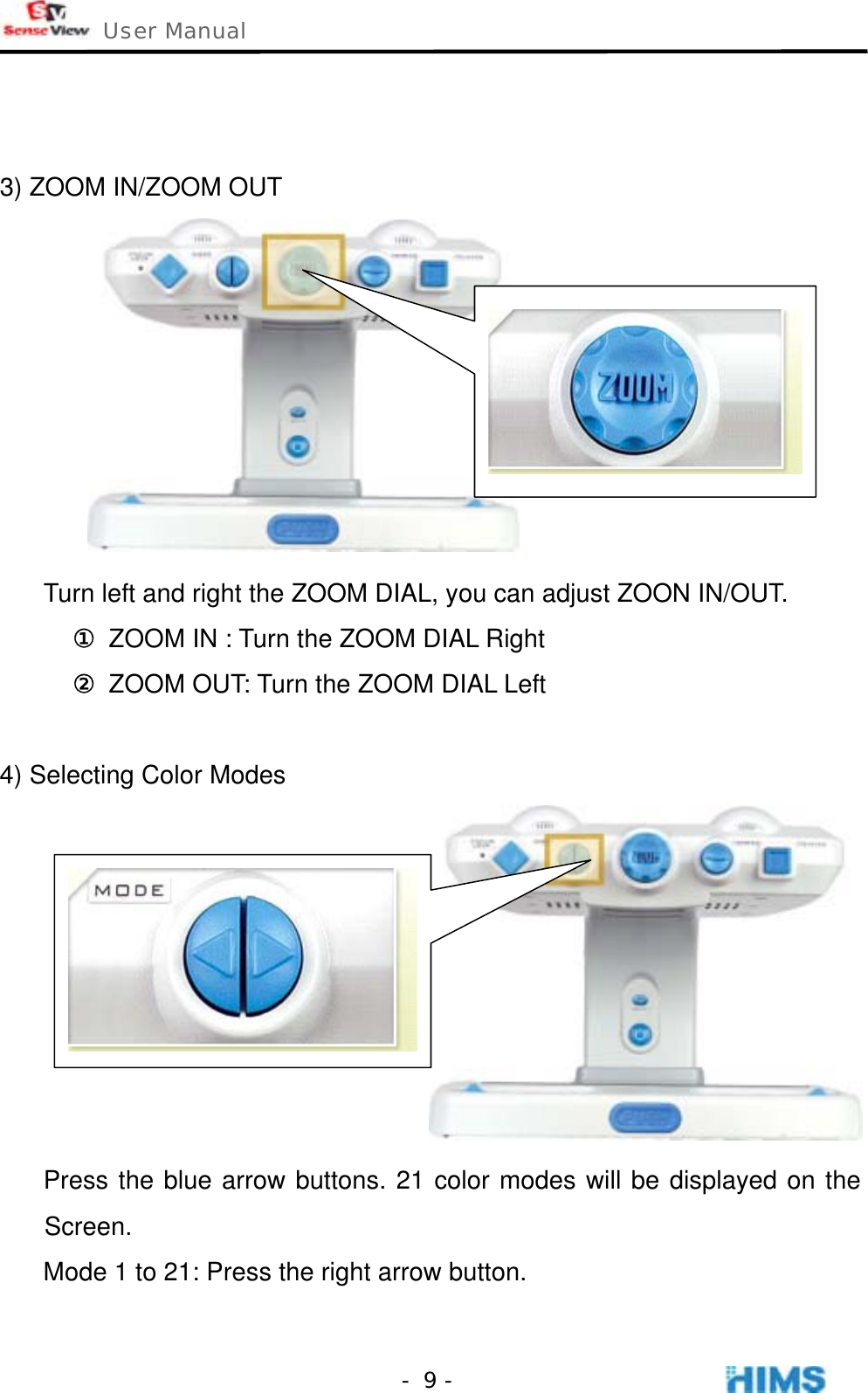  User Manual    - 9 -  3) ZOOM IN/ZOOM OUT  Turn left and right the ZOOM DIAL, you can adjust ZOON IN/OUT. ① ZOOM IN : Turn the ZOOM DIAL Right ② ZOOM OUT: Turn the ZOOM DIAL Left  4) Selecting Color Modes   Press the blue arrow buttons. 21 color modes will be displayed on the Screen. Mode 1 to 21: Press the right arrow button. 