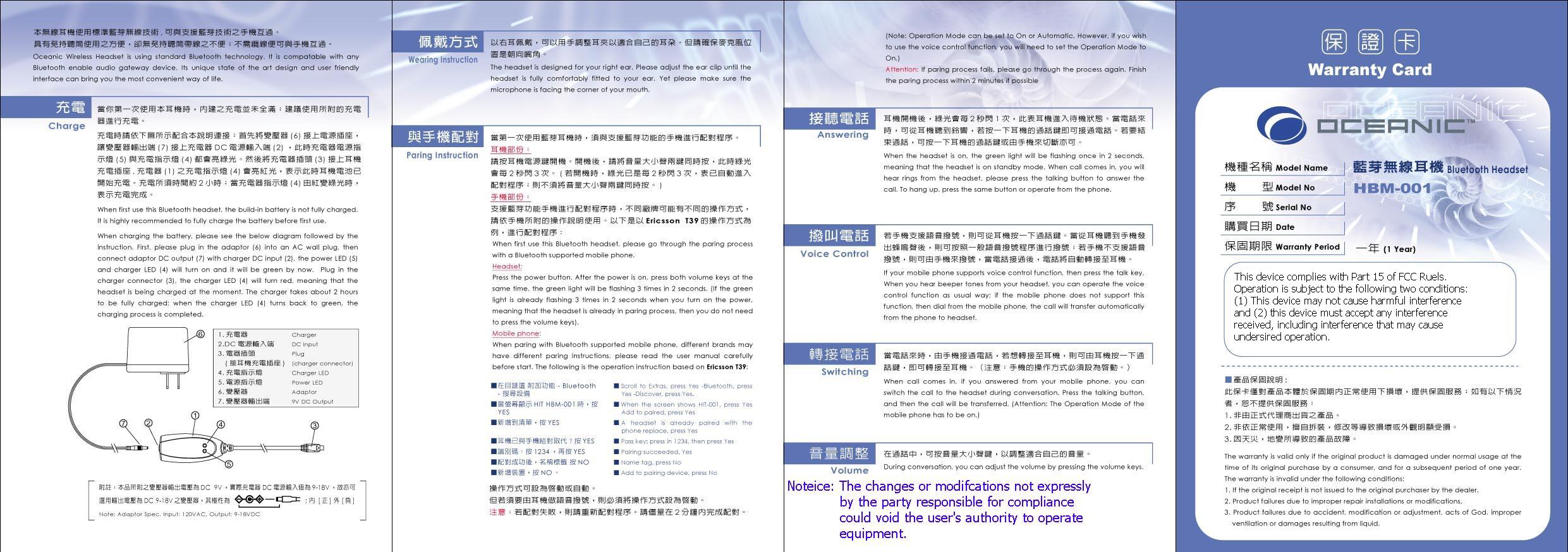 Bluetooth Handset User Manual