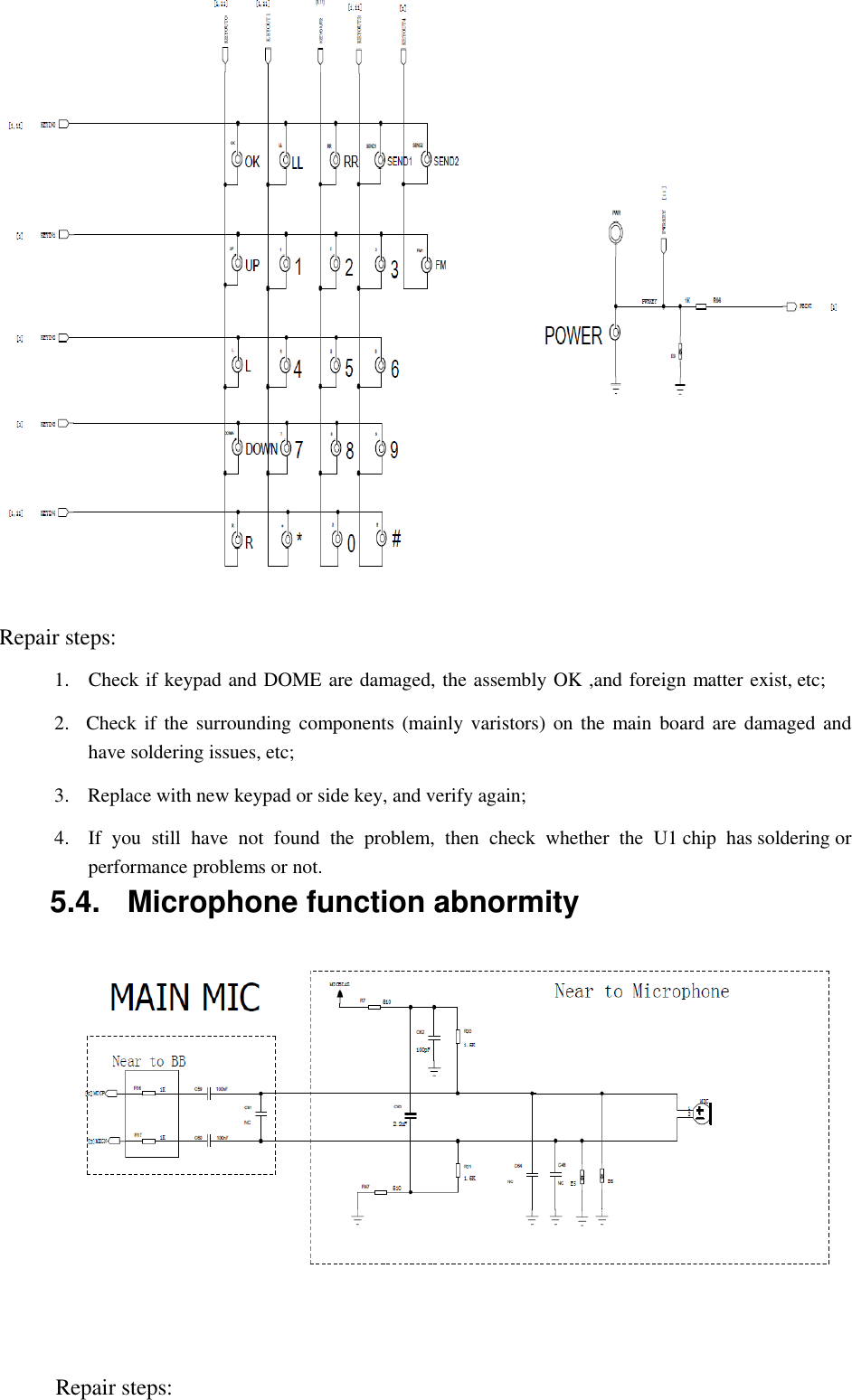   Repair steps:  1.    Check if keypad and DOME are damaged, the assembly OK ,and foreign matter exist, etc;  2.   Check if  the surrounding components (mainly varistors) on the  main  board are damaged and have soldering issues, etc;  3.  Replace with new keypad or side key, and verify again;  4.    If  you  still  have  not  found  the  problem,  then  check  whether  the  U1 chip  has soldering or performance problems or not. 5.4.  Microphone function abnormity        Repair steps: 