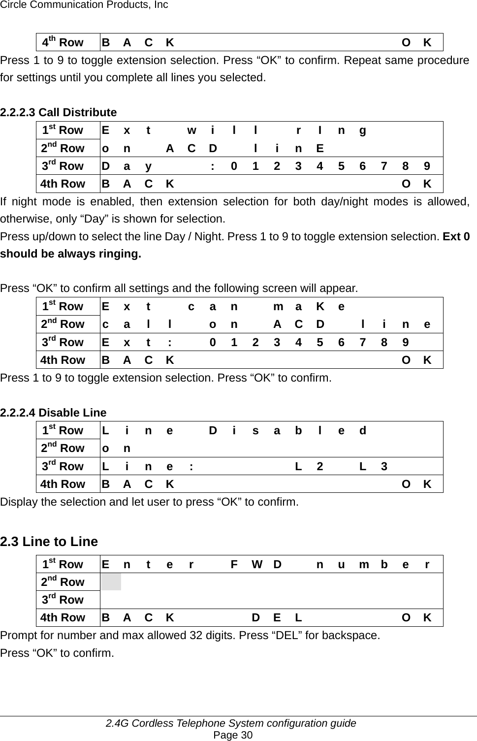 Circle Communication Products, Inc     2.4G Cordless Telephone System configuration guide Page 30 4th Row B A C K           O K Press 1 to 9 to toggle extension selection. Press “OK” to confirm. Repeat same procedure for settings until you complete all lines you selected.  2.2.2.3 Call Distribute 1st Row E x t   w i l l   r I n g      2nd Row o n  A C D  l i n E      3rd Row  D a y      : 0 1 2 3 4 5 6 7 8 9 4th Row B A C K           O K If night mode is enabled, then extension selection for both day/night modes is allowed, otherwise, only “Day” is shown for selection. Press up/down to select the line Day / Night. Press 1 to 9 to toggle extension selection. Ext 0 should be always ringing.    Press “OK” to confirm all settings and the following screen will appear. 1st Row E x t  c a n  m a K e     2nd Row c a l l  o n  A C D  l i n e 3rd Row  E x t  :    0 1 2 3 4 5 6 7 8 9   4th Row B A C K           O K Press 1 to 9 to toggle extension selection. Press “OK” to confirm.  2.2.2.4 Disable Line 1st Row  L i n e   D i s a b l e d      2nd Row o n               3rd Row  L  i n e :          L 2    L 3     4th Row B A C K           O K Display the selection and let user to press “OK” to confirm.  2.3 Line to Line 1st Row  E n t e r   F W D   n u m b e r 2nd Row                  3rd Row                 4th Row  B A C K        D E L          O K Prompt for number and max allowed 32 digits. Press “DEL” for backspace. Press “OK” to confirm.  