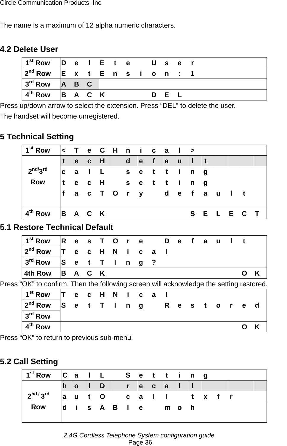 Circle Communication Products, Inc     2.4G Cordless Telephone System configuration guide Page 36 The name is a maximum of 12 alpha numeric characters.  4.2 Delete User 1st Row  D e  l  E  t  e    U s e  r           2nd Row  E x t E n s  i  o n : 1           3rd Row  A  B  C               4th Row B A C K    D E L       Press up/down arrow to select the extension. Press “DEL” to delete the user. The handset will become unregistered.  5 Technical Setting 1st Row  &lt; T e C H n i c a l &gt;          t  e  c  H   d  e  f  a  u  l  t         c a l L    s e t  t  i n g         t e c H   s e t t i n g         2nd/3rd Row   f a c T O r y   d e f a u l t   4th Row B A C K       S E L E C T 5.1 Restore Technical Default 1st Row  R e s T O r  e    D e  f  a u  l  t   2nd Row T e c H N i c a l        3rd Row S e t T I n g ?         4th Row B A C K           O K Press “OK” to confirm. Then the following screen will acknowledge the setting restored. 1st Row T e c H N i c a l        2nd Row S e t T I n g  R e s t o r e d 3rd Row                 4th Row               O K Press “OK” to return to previous sub-menu.  5.2 Call Setting 1st Row  C a l L  S e t t i n g        h  o  l  D   r  e  c  a  l  l           a u t O  c a l l  t x f r     2nd / 3rd Row  d i s A B l e  m o h          