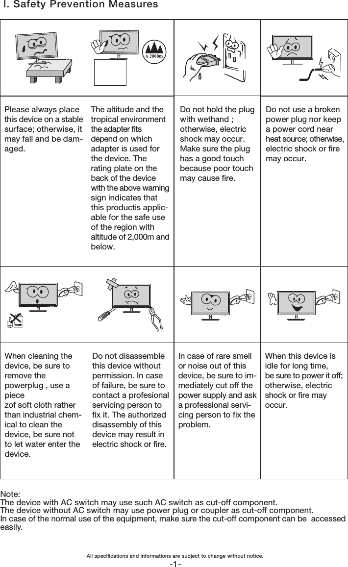 -1-The altitude and thetropical environmentthe adapter ts depend on which adapter is used for the device. The rating plate on the back of the device with the above warning sign indicates that this productis applic- able for the safe use of the region with altitude of 2,000m and below.Please always placethis device on a stable surface; otherwise, it may fall and be dam-aged.Do not hold the plugwith wethand ;otherwise, electricshock may occur.Make sure the plughas a good touchbecause poor touchmay cause re.Do not use a brokenpower plug nor keepa power cord near heat source; otherwise, electric shock or re may occur.Do not disassemblethis device withoutpermission. In caseof failure, be sure tocontact a profesional servicing person to x it. The authorized disassembly of this device may result in electric shock or re.When cleaning thedevice, be sure toremove the powerplug , use a piecezof soft cloth ratherthan industrial chem- ical to clean the device, be sure not to let water enter the device. In case of rare smellor noise out of thisdevice, be sure to im- mediately cut off the power supply and ask a professional servi- cing person to x the problem.When this device is idle for long time,be sure to power it off; otherwise, electricshock or re may occur.I. Safety Prevention MeasuresNote:The device with AC switch may use such AC switch as cut-off component.The device without AC switch may use power plug or coupler as cut-off component.In case of the normal use of the equipment, make sure the cut-off component can be  accessed easily.All specications and informations are subject to change without notice.