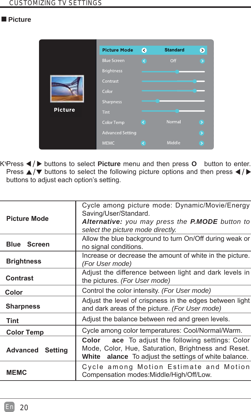 Κ۷Press buttons to select Picture menu and then press Obutton to enter. Press buttons to select the following picture options and then press buttons to adjust each option’s setting.  PicturePicture ModeCycle among picture mode: Dynamic/Movie/EnergySaving/User/Standard.Alternative: you may press the P.MODE button to select the picture mode directly.Blue Screen Allow the blue background to turn On/Off during weak or no signal conditions.Brightness Increase or decrease the amount of white in the picture. (For User mode)Contrast Adjust the difference between light and dark levels in the pictures. (For User mode)Color Control the color intensity. (For User mode)Sharpness Adjust the level of crispness in the edges between light and dark areas of the picture. (For User mode)Tint Adjust the balance between red and green levels.Color Temp Cycle among color temperatures: Cool/Normal/Warm.Advanced SettingColor ace  To adjust the following settings: ColorMode, Color, Hue, Saturation, Brightness and Reset.White alance  To adjust the settings of white balance.MEMC Cycle among Motion Estimate and MotionCompensation modes:Middle/High/Off/Low.Standard20EnCUSTOMIZING TV SETTINGS