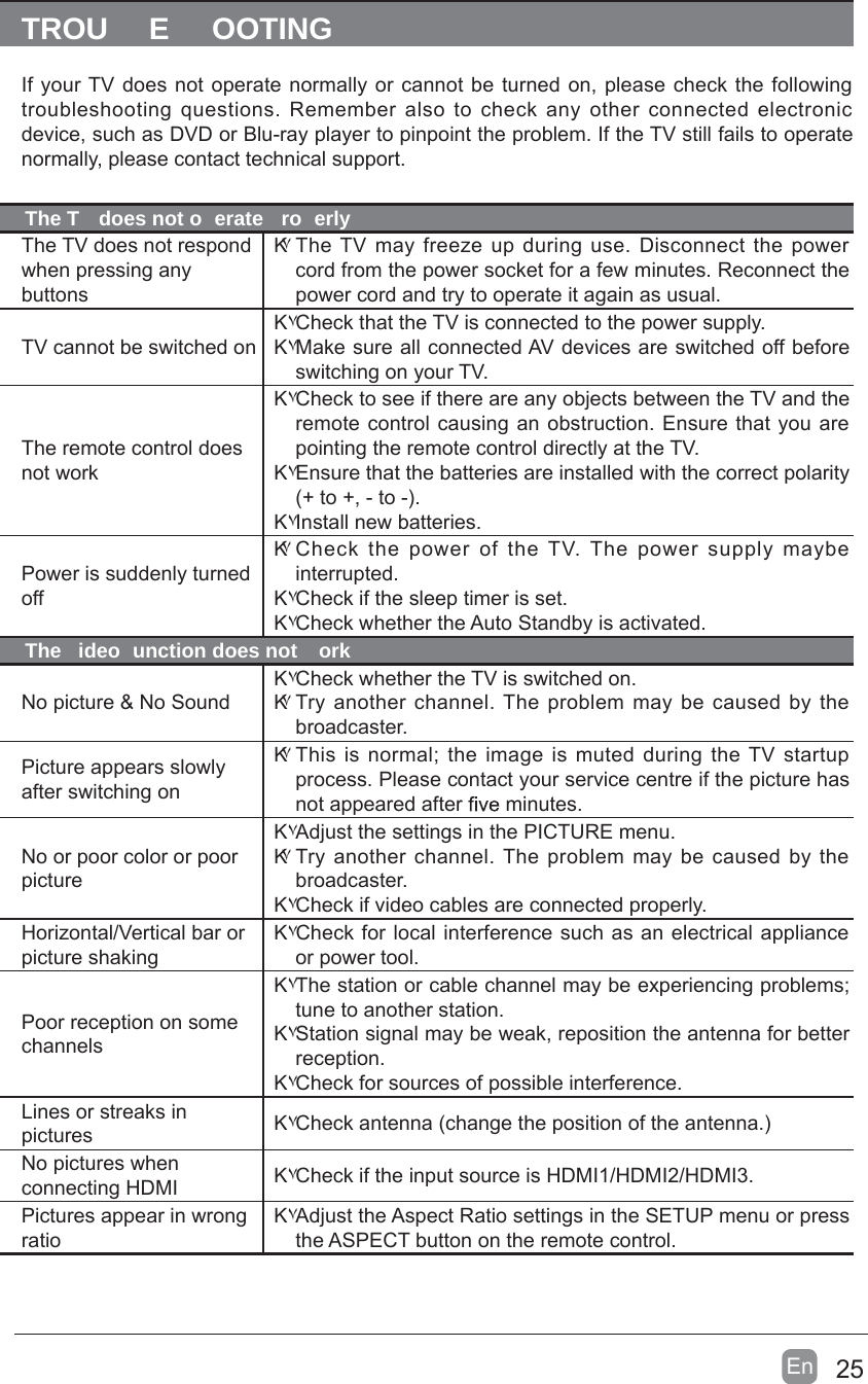 25En  TROU E OOTINGIf your TV does not operate normally or cannot be turned on, please check the following troubleshooting questions. Remember also to check any other connected electronic device, such as DVD or Blu-ray player to pinpoint the problem. If the TV still fails to operate normally, please contact technical support.The T  does not o erate  ro erlyThe TV does not respond when pressing any buttonsΚ۷ The TV may freeze up during use. Disconnect the power cord from the power socket for a few minutes. Reconnect the power cord and try to operate it again as usual.TV cannot be switched onΚ۷Check that the TV is connected to the power supply.Κ۷Make sure all connected AV devices are switched off before switching on your TV.The remote control does not workΚ۷Check to see if there are any objects between the TV and the remote control causing an obstruction. Ensure that you are pointing the remote control directly at the TV.Κ۷Ensure that the batteries are installed with the correct polarity (+ to +, - to -). Κ۷Install new batteries. Power is suddenly turned offΚ۷Check the power of the TV. The power supply maybe interrupted.Κ۷Check if the sleep timer is set.Κ۷Check whether the Auto Standby is activated. The  ideo  unction does not  orkNo picture &amp; No SoundΚ۷Check whether the TV is switched on.Κ۷ Try another channel. The problem may be caused by the broadcaster.Picture appears slowly after switching onΚ۷ This is normal; the image is muted during the TV startup process. Please contact your service centre if the picture has not appeared after   minutes.No or poor color or poor pictureΚ۷Adjust the settings in the PICTURE menu.Κ۷ Try another channel. The problem may be caused by the broadcaster.Κ۷Check if video cables are connected properly.Horizontal/Vertical bar or picture shakingΚ۷Check for local interference such as an electrical appliance or power tool.Poor reception on some channelsΚ۷The station or cable channel may be experiencing problems; tune to another station.Κ۷Station signal may be weak, reposition the antenna for better reception.Κ۷Check for sources of possible interference.Lines or streaks in pictures Κ۷Check antenna (change the position of the antenna.)No pictures when connecting HDMI Κ۷Check if the input source is HDMI1/HDMI2/HDMI3.Pictures appear in wrong ratioΚ۷Adjust the Aspect Ratio settings in the SETUP menu or press the ASPECT button on the remote control.