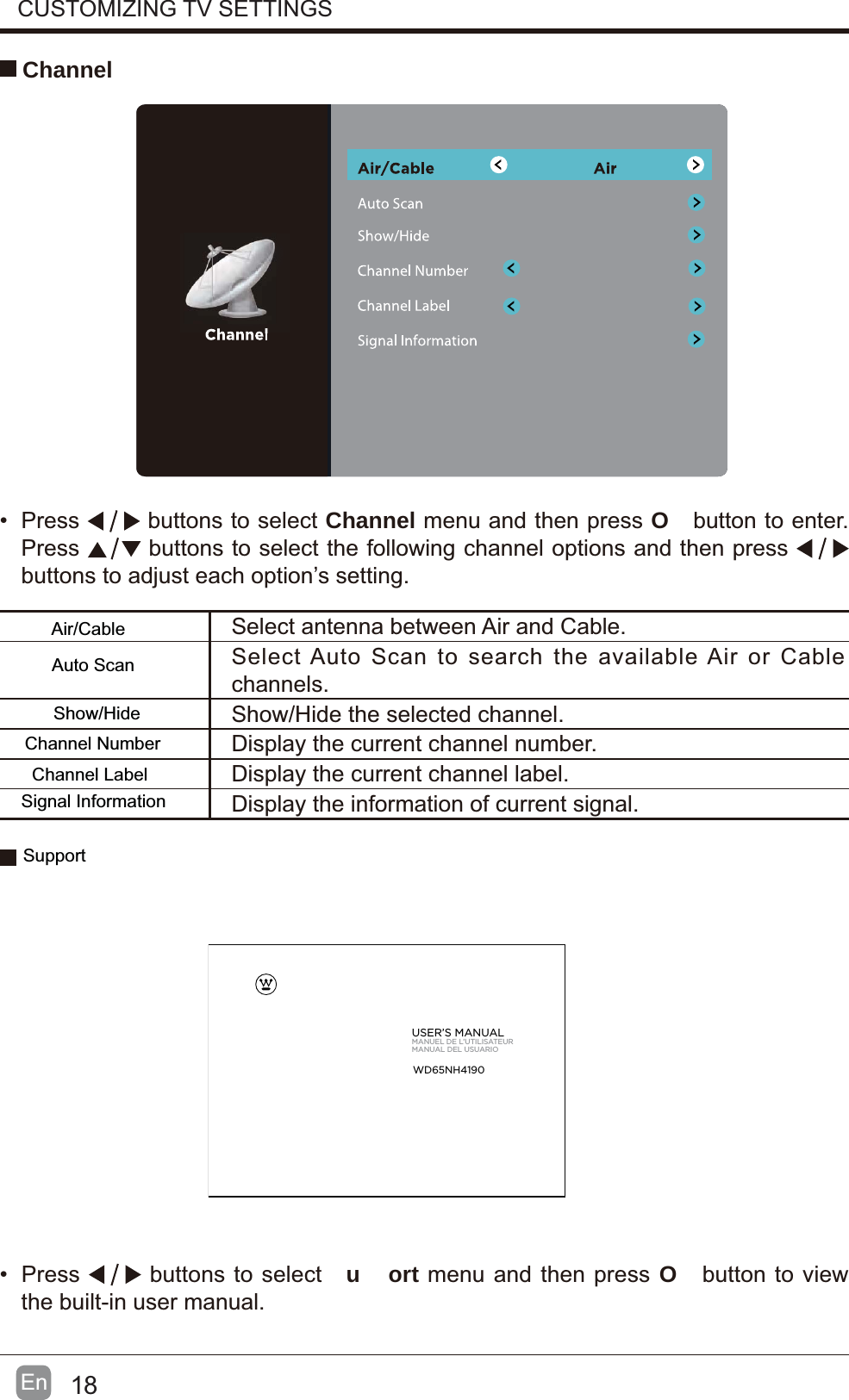  Channel  buttonstoChannelmenuandthenObuttontoenter buttonstoselectthefollowingchanneloptionsandthen ’SelectAutoScantosearchtheavailableAirorabltcr.ct Press buttonstoselect uortmenuandthenpressObuttontovieUSER’S MANUALMANUEL DE L’UTILISATEURMANUAL DEL USUARIOWD65NH419018EnTOMIZINGAir/CableAuto ScanShow/HideChannel NumberChannel LabelSignal InformationSupport