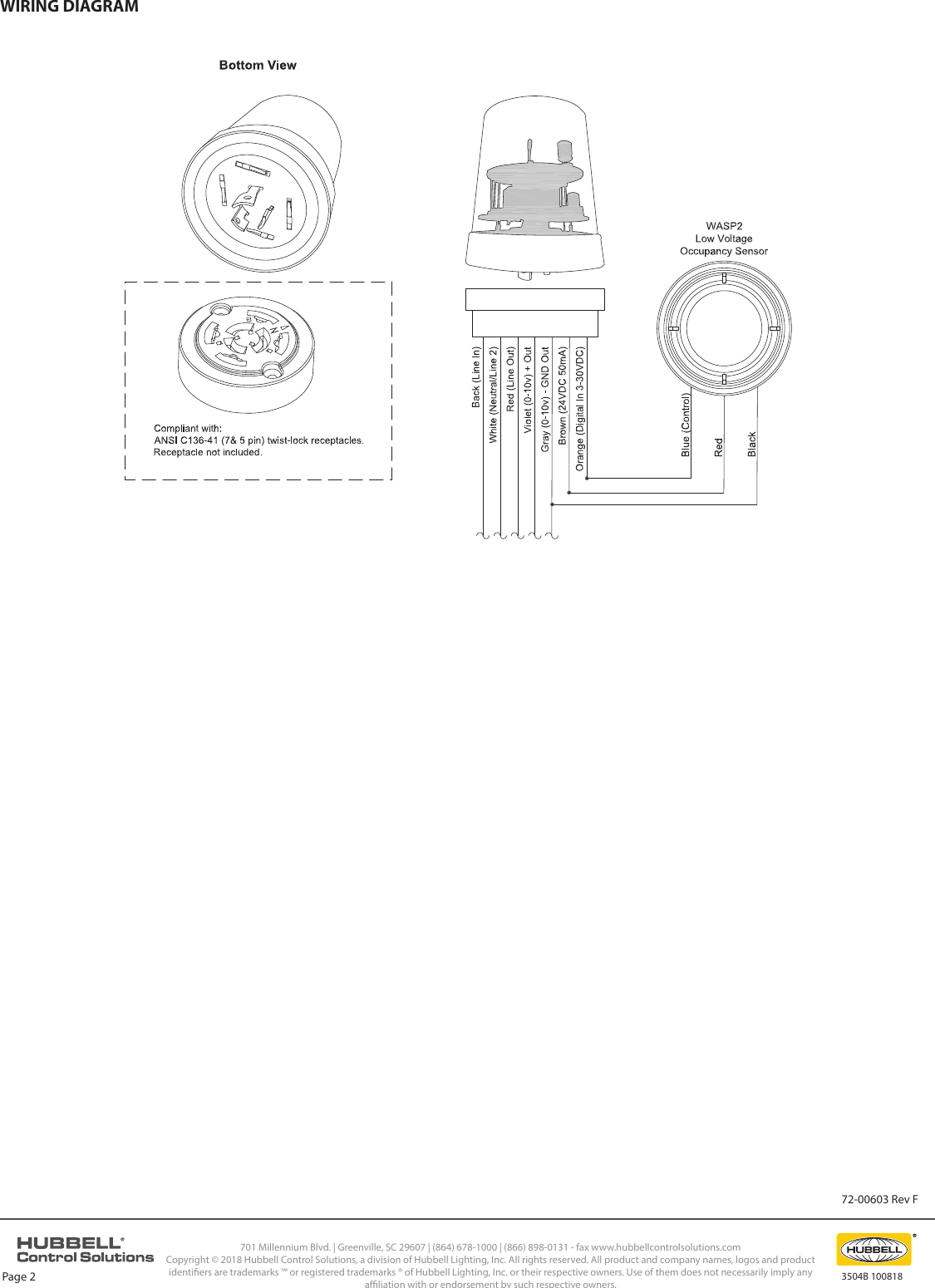 3504B 100818701 Millennium Blvd. | Greenville, SC 29607 | (864) 678-1000 | (866) 898-0131 - fax www.hubbellcontrolsolutions.comCopyright © 2018 Hubbell Control Solutions, a division of Hubbell Lighting, Inc. All rights reserved. All product and company names, logos and product identiers are trademarks ™ or registered trademarks ® of Hubbell Lighting, Inc. or their respective owners. Use of them does not necessarily imply any aliation with or endorsement by such respective owners. 72-00603 Rev FWIRING DIAGRAMPage 2