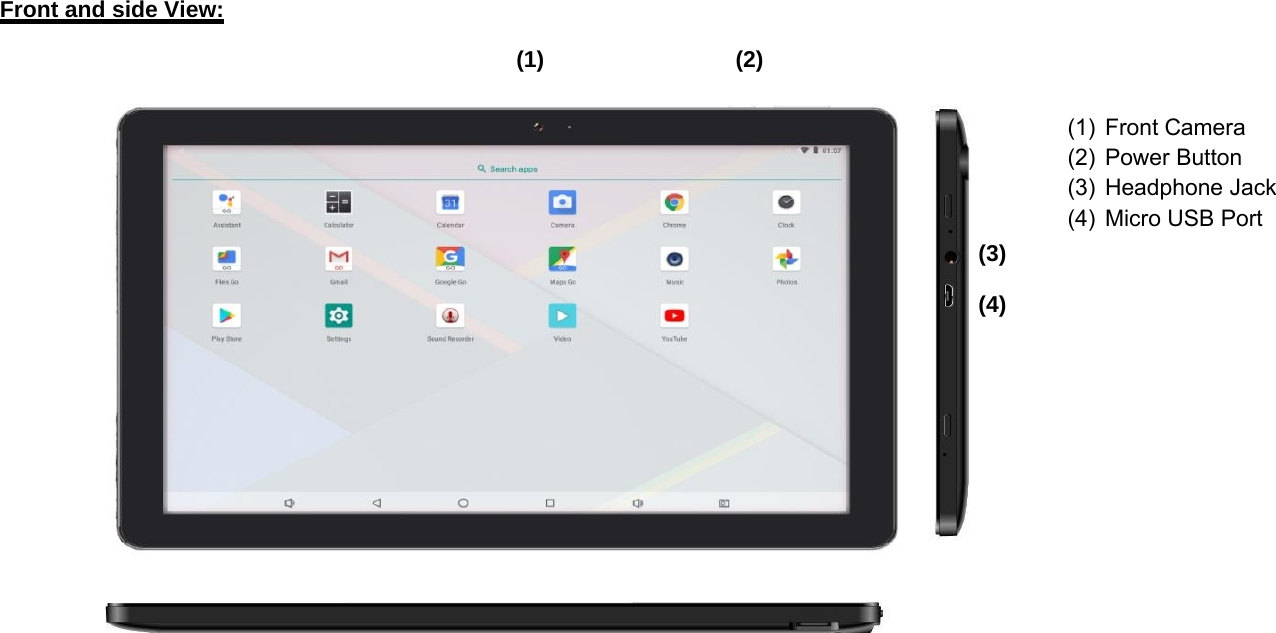 Front and side View:(1) (2)(1) Front Camera(2) Power Button(3) Headphone Jack(4) Micro USB Port(3)(4)