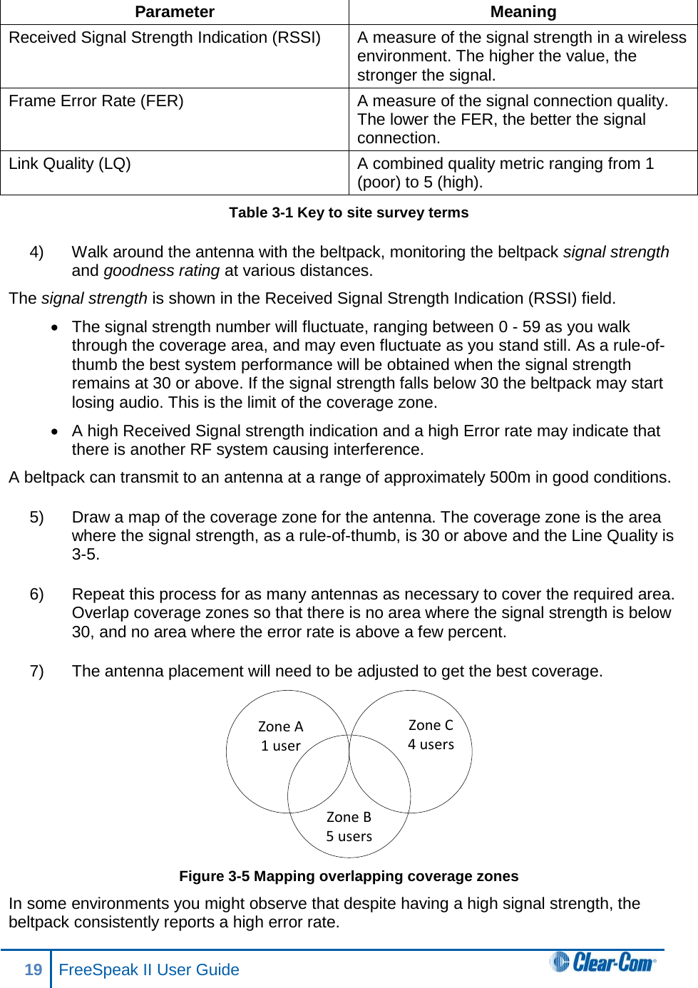 Parameter Meaning Received Signal Strength Indication (RSSI) A measure of the signal strength in a wireless environment. The higher the value, the stronger the signal. Frame Error Rate (FER) A measure of the signal connection quality. The lower the FER, the better the signal connection. Link Quality (LQ) A combined quality metric ranging from 1 (poor) to 5 (high). Table 3-1 Key to site survey terms 4) Walk around the antenna with the beltpack, monitoring the beltpack signal strength and goodness rating at various distances.  The signal strength is shown in the Received Signal Strength Indication (RSSI) field.  • The signal strength number will fluctuate, ranging between 0 - 59 as you walk through the coverage area, and may even fluctuate as you stand still. As a rule-of-thumb the best system performance will be obtained when the signal strength remains at 30 or above. If the signal strength falls below 30 the beltpack may start losing audio. This is the limit of the coverage zone.  • A high Received Signal strength indication and a high Error rate may indicate that there is another RF system causing interference. A beltpack can transmit to an antenna at a range of approximately 500m in good conditions. 5) Draw a map of the coverage zone for the antenna. The coverage zone is the area where the signal strength, as a rule-of-thumb, is 30 or above and the Line Quality is 3-5.  6) Repeat this process for as many antennas as necessary to cover the required area. Overlap coverage zones so that there is no area where the signal strength is below 30, and no area where the error rate is above a few percent.  7) The antenna placement will need to be adjusted to get the best coverage.  Figure 3-5 Mapping overlapping coverage zones In some environments you might observe that despite having a high signal strength, the beltpack consistently reports a high error rate. Zone A1 userZone C4 usersZone B5 users19 FreeSpeak II User Guide   