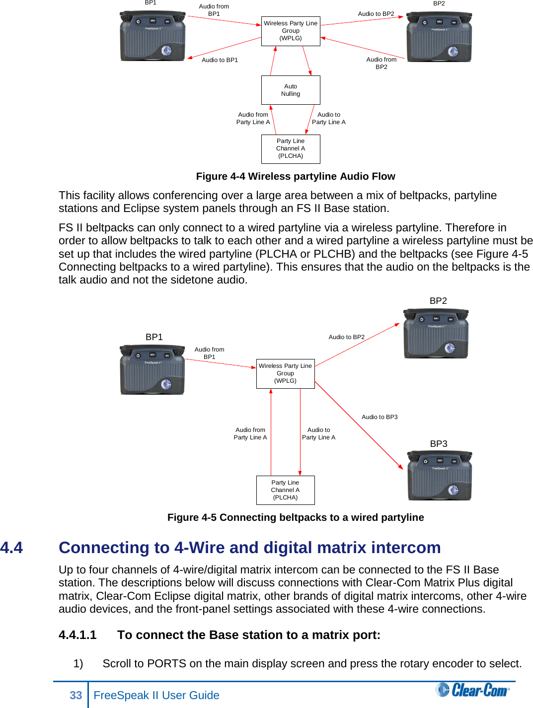  Figure 4-4 Wireless partyline Audio Flow This facility allows conferencing over a large area between a mix of beltpacks, partyline stations and Eclipse system panels through an FS II Base station. FS II beltpacks can only connect to a wired partyline via a wireless partyline. Therefore in order to allow beltpacks to talk to each other and a wired partyline a wireless partyline must be set up that includes the wired partyline (PLCHA or PLCHB) and the beltpacks (see Figure 4-5 Connecting beltpacks to a wired partyline). This ensures that the audio on the beltpacks is the talk audio and not the sidetone audio.  Figure 4-5 Connecting beltpacks to a wired partyline 4.4  Connecting to 4-Wire and digital matrix intercom Up to four channels of 4-wire/digital matrix intercom can be connected to the FS II Base station. The descriptions below will discuss connections with Clear-Com Matrix Plus digital matrix, Clear-Com Eclipse digital matrix, other brands of digital matrix intercoms, other 4-wire audio devices, and the front-panel settings associated with these 4-wire connections. 4.4.1.1 To connect the Base station to a matrix port:  1) Scroll to PORTS on the main display screen and press the rotary encoder to select.  Wireless Party Line Group(WPLG)AutoNullingParty LineChannel A(PLCHA)BP1BP2Audio from BP1Audio to BP1Audio from BP2Audio to BP2Audio fromParty Line A Audio toParty Line AWireless Party Line Group(WPLG)Party LineChannel A(PLCHA)BP1BP2Audio from BP1Audio to BP2Audio fromParty Line A Audio toParty Line A BP3Audio to BP333 FreeSpeak II User Guide  