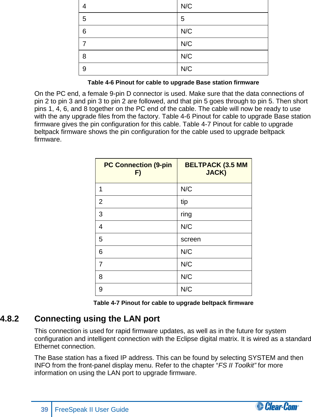 4  N/C 5  5 6 N/C 7  N/C 8  N/C 9 N/C Table 4-6 Pinout for cable to upgrade Base station firmware On the PC end, a female 9-pin D connector is used. Make sure that the data connections of pin 2 to pin 3 and pin 3 to pin 2 are followed, and that pin 5 goes through to pin 5. Then short pins 1, 4, 6, and 8 together on the PC end of the cable. The cable will now be ready to use with the any upgrade files from the factory. Table 4-6 Pinout for cable to upgrade Base station firmware gives the pin configuration for this cable. Table 4-7 Pinout for cable to upgrade beltpack firmware shows the pin configuration for the cable used to upgrade beltpack firmware.  PC Connection (9-pin F)  BELTPACK (3.5 MM JACK) 1  N/C 2 tip 3  ring 4  N/C 5 screen 6  N/C 7 N/C 8 N/C 9  N/C Table 4-7 Pinout for cable to upgrade beltpack firmware 4.8.2 Connecting using the LAN port This connection is used for rapid firmware updates, as well as in the future for system configuration and intelligent connection with the Eclipse digital matrix. It is wired as a standard Ethernet connection.  The Base station has a fixed IP address. This can be found by selecting SYSTEM and then INFO from the front-panel display menu. Refer to the chapter “FS II Toolkit” for more information on using the LAN port to upgrade firmware.  39 FreeSpeak II User Guide  