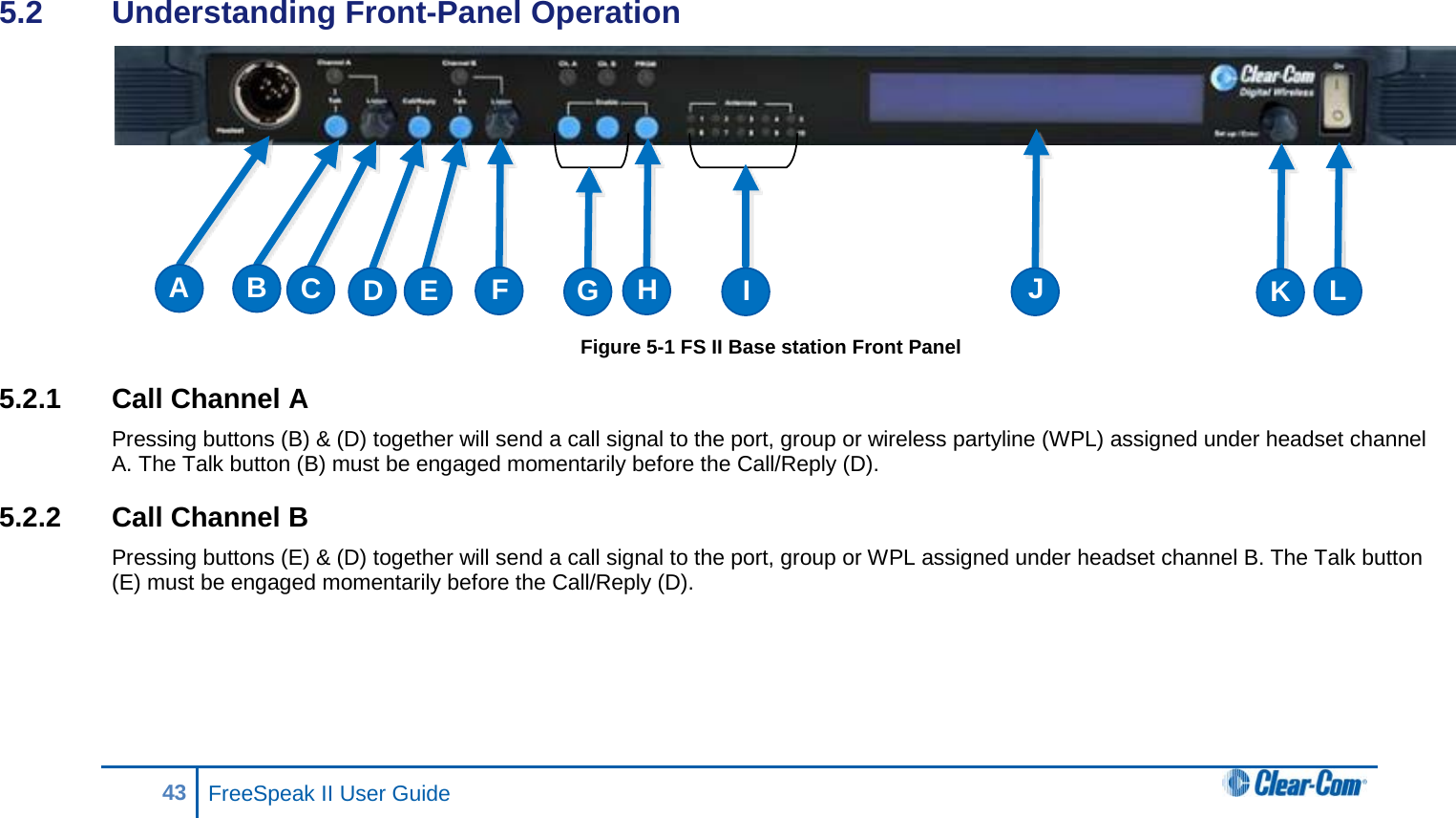   5.2  Understanding Front-Panel Operation  Figure 5-1 FS II Base station Front Panel 5.2.1 Call Channel A Pressing buttons (B) &amp; (D) together will send a call signal to the port, group or wireless partyline (WPL) assigned under headset channel A. The Talk button (B) must be engaged momentarily before the Call/Reply (D).  5.2.2 Call Channel B Pressing buttons (E) &amp; (D) together will send a call signal to the port, group or WPL assigned under headset channel B. The Talk button (E) must be engaged momentarily before the Call/Reply (D).A B CDEFGHIJKL43 FreeSpeak II User Guide    