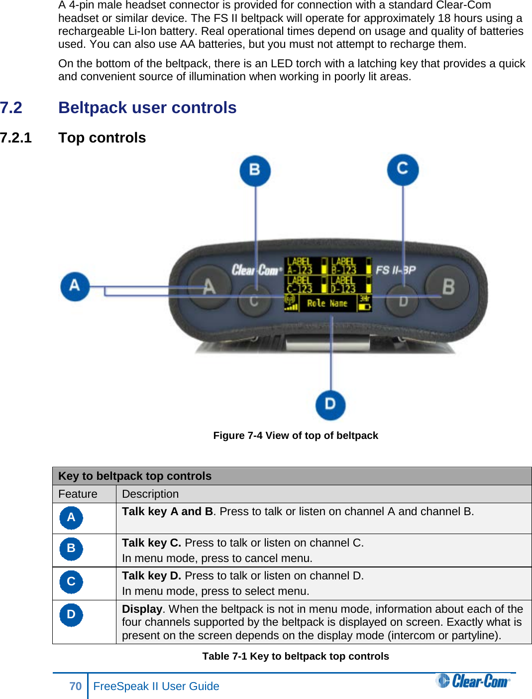 A 4-pin male headset connector is provided for connection with a standard Clear-Com headset or similar device. The FS II beltpack will operate for approximately 18 hours using a rechargeable Li-Ion battery. Real operational times depend on usage and quality of batteries used. You can also use AA batteries, but you must not attempt to recharge them. On the bottom of the beltpack, there is an LED torch with a latching key that provides a quick and convenient source of illumination when working in poorly lit areas.  7.2  Beltpack user controls 7.2.1 Top controls  Figure 7-4 View of top of beltpack  Key to beltpack top controls Feature Description A Talk key A and B. Press to talk or listen on channel A and channel B. B Talk key C. Press to talk or listen on channel C. In menu mode, press to cancel menu. C Talk key D. Press to talk or listen on channel D. In menu mode, press to select menu. D Display. When the beltpack is not in menu mode, information about each of the four channels supported by the beltpack is displayed on screen. Exactly what is present on the screen depends on the display mode (intercom or partyline). Table 7-1 Key to beltpack top controls 70 FreeSpeak II User Guide  