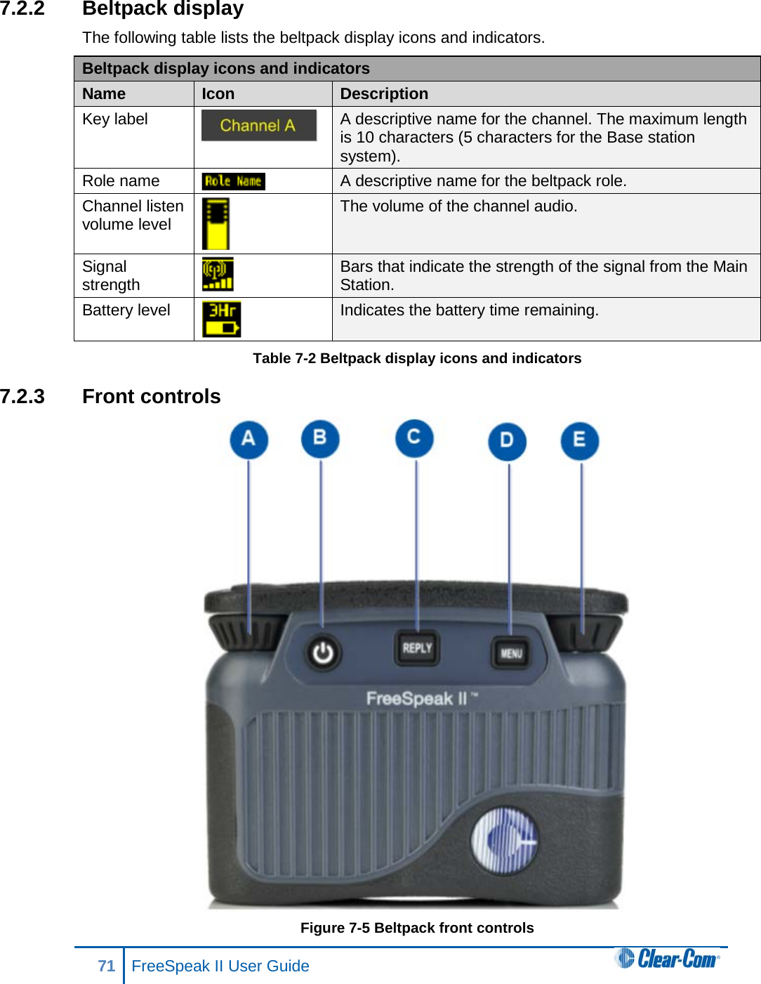 7.2.2 Beltpack display The following table lists the beltpack display icons and indicators. Beltpack display icons and indicators Name Icon Description Key label  A descriptive name for the channel. The maximum length is 10 characters (5 characters for the Base station system). Role name  A descriptive name for the beltpack role. Channel listen volume level  The volume of the channel audio. Signal strength  Bars that indicate the strength of the signal from the Main Station.  Battery level  Indicates the battery time remaining. Table 7-2 Beltpack display icons and indicators 7.2.3 Front controls  Figure 7-5 Beltpack front controls 71 FreeSpeak II User Guide  