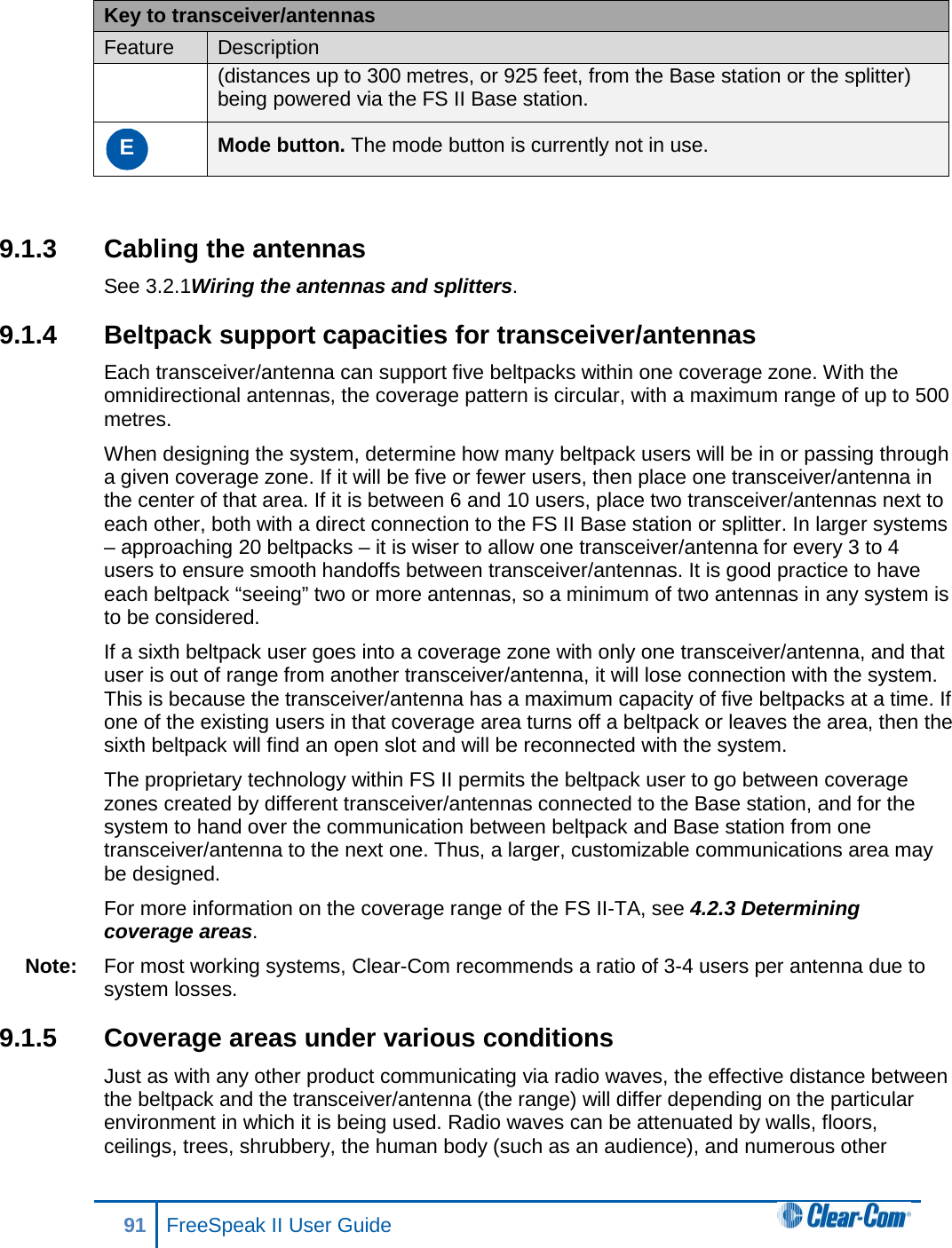 Key to transceiver/antennas Feature Description (distances up to 300 metres, or 925 feet, from the Base station or the splitter) being powered via the FS II Base station. E Mode button. The mode button is currently not in use.  9.1.3 Cabling the antennas See 3.2.1Wiring the antennas and splitters.  9.1.4 Beltpack support capacities for transceiver/antennas Each transceiver/antenna can support five beltpacks within one coverage zone. With the omnidirectional antennas, the coverage pattern is circular, with a maximum range of up to 500 metres.  When designing the system, determine how many beltpack users will be in or passing through a given coverage zone. If it will be five or fewer users, then place one transceiver/antenna in the center of that area. If it is between 6 and 10 users, place two transceiver/antennas next to each other, both with a direct connection to the FS II Base station or splitter. In larger systems – approaching 20 beltpacks – it is wiser to allow one transceiver/antenna for every 3 to 4 users to ensure smooth handoffs between transceiver/antennas. It is good practice to have each beltpack “seeing” two or more antennas, so a minimum of two antennas in any system is to be considered.  If a sixth beltpack user goes into a coverage zone with only one transceiver/antenna, and that user is out of range from another transceiver/antenna, it will lose connection with the system. This is because the transceiver/antenna has a maximum capacity of five beltpacks at a time. If one of the existing users in that coverage area turns off a beltpack or leaves the area, then the sixth beltpack will find an open slot and will be reconnected with the system. The proprietary technology within FS II permits the beltpack user to go between coverage zones created by different transceiver/antennas connected to the Base station, and for the system to hand over the communication between beltpack and Base station from one transceiver/antenna to the next one. Thus, a larger, customizable communications area may be designed.  For more information on the coverage range of the FS II-TA, see 4.2.3 Determining coverage areas.  Note: For most working systems, Clear-Com recommends a ratio of 3-4 users per antenna due to system losses. 9.1.5 Coverage areas under various conditions Just as with any other product communicating via radio waves, the effective distance between the beltpack and the transceiver/antenna (the range) will differ depending on the particular environment in which it is being used. Radio waves can be attenuated by walls, floors, ceilings, trees, shrubbery, the human body (such as an audience), and numerous other 91 FreeSpeak II User Guide  