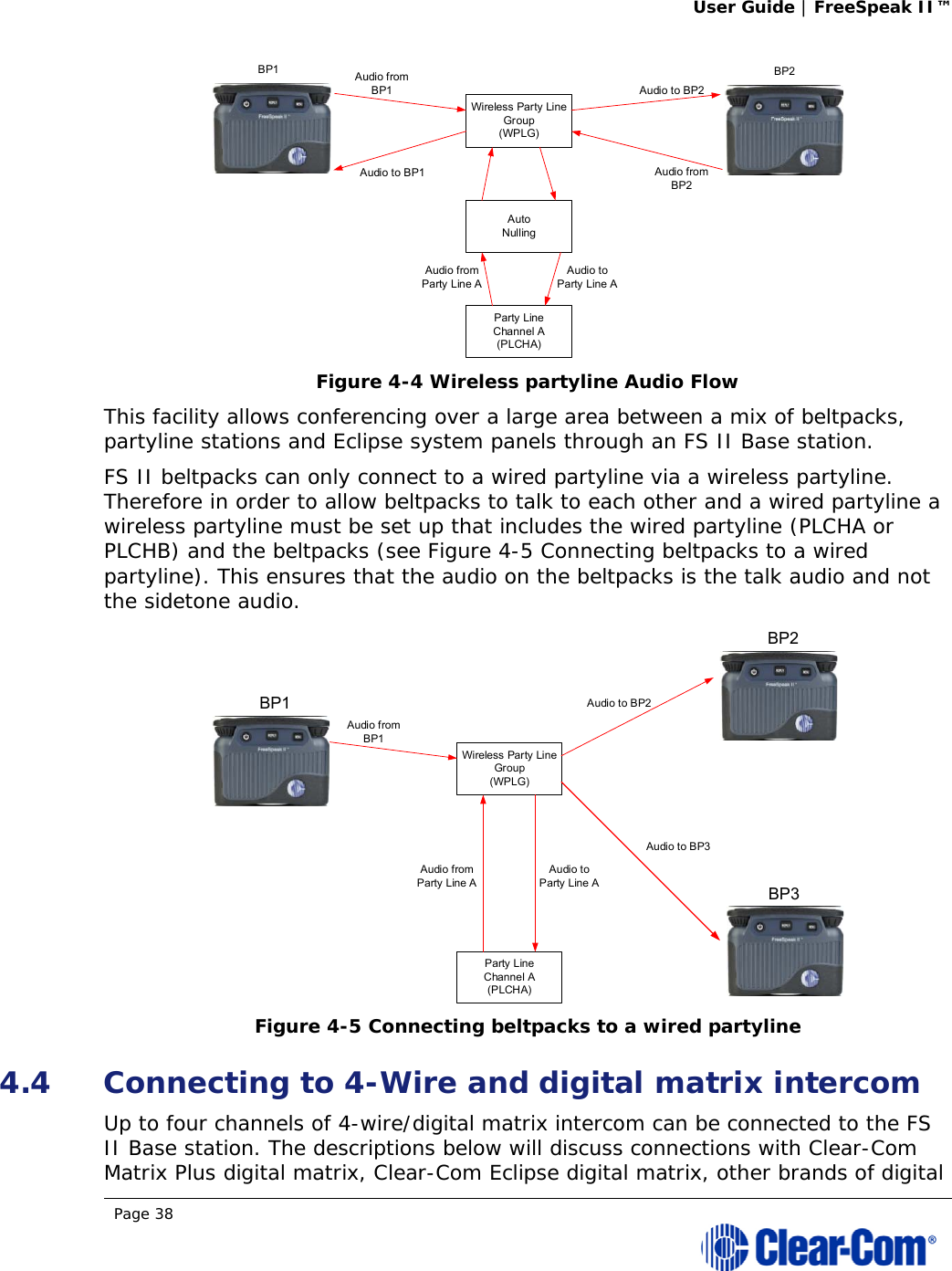 User Guide | FreeSpeak II™  Page 38   Figure 4-4 Wireless partyline Audio Flow This facility allows conferencing over a large area between a mix of beltpacks, partyline stations and Eclipse system panels through an FS II Base station. FS II beltpacks can only connect to a wired partyline via a wireless partyline. Therefore in order to allow beltpacks to talk to each other and a wired partyline a wireless partyline must be set up that includes the wired partyline (PLCHA or PLCHB) and the beltpacks (see Figure 4-5 Connecting beltpacks to a wired partyline). This ensures that the audio on the beltpacks is the talk audio and not the sidetone audio.  Figure 4-5 Connecting beltpacks to a wired partyline 4.4 Connecting to 4-Wire and digital matrix intercom Up to four channels of 4-wire/digital matrix intercom can be connected to the FS II Base station. The descriptions below will discuss connections with Clear-Com Matrix Plus digital matrix, Clear-Com Eclipse digital matrix, other brands of digital Wireless Party Line Group(WPLG)AutoNullingParty LineChannel A(PLCHA)BP1 BP2Audio from BP1Audio to BP1 Audio from BP2Audio to BP2Audio fromParty Line AAudio toParty Line AWireless Party Line Group(WPLG)Party LineChannel A(PLCHA)BP1BP2Audio from BP1Audio to BP2Audio fromParty Line AAudio toParty Line ABP3Audio to BP3