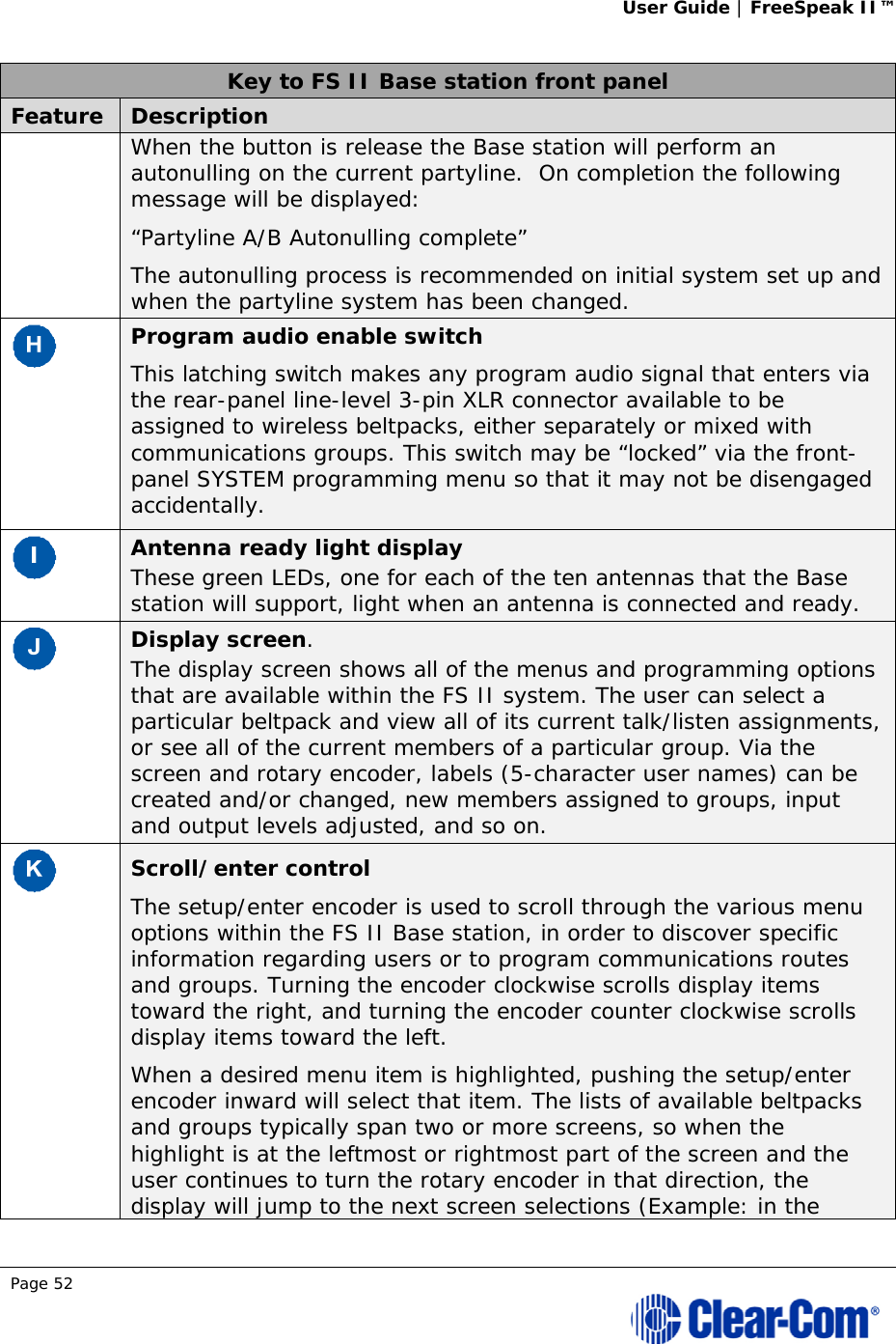 User Guide | FreeSpeak II™  Page 52  Key to FS II Base station front panel Feature  Description When the button is release the Base station will perform an autonulling on the current partyline.  On completion the following message will be displayed: “Partyline A/B Autonulling complete” The autonulling process is recommended on initial system set up and when the partyline system has been changed.  Program audio enable switch This latching switch makes any program audio signal that enters via the rear-panel line-level 3-pin XLR connector available to be assigned to wireless beltpacks, either separately or mixed with communications groups. This switch may be “locked” via the front-panel SYSTEM programming menu so that it may not be disengaged accidentally.  Antenna ready light display These green LEDs, one for each of the ten antennas that the Base station will support, light when an antenna is connected and ready.  Display screen.  The display screen shows all of the menus and programming options that are available within the FS II system. The user can select a particular beltpack and view all of its current talk/listen assignments, or see all of the current members of a particular group. Via the screen and rotary encoder, labels (5-character user names) can be created and/or changed, new members assigned to groups, input and output levels adjusted, and so on.  Scroll/enter control The setup/enter encoder is used to scroll through the various menu options within the FS II Base station, in order to discover specific information regarding users or to program communications routes and groups. Turning the encoder clockwise scrolls display items toward the right, and turning the encoder counter clockwise scrolls display items toward the left.  When a desired menu item is highlighted, pushing the setup/enter encoder inward will select that item. The lists of available beltpacks and groups typically span two or more screens, so when the highlight is at the leftmost or rightmost part of the screen and the user continues to turn the rotary encoder in that direction, the display will jump to the next screen selections (Example: in the 