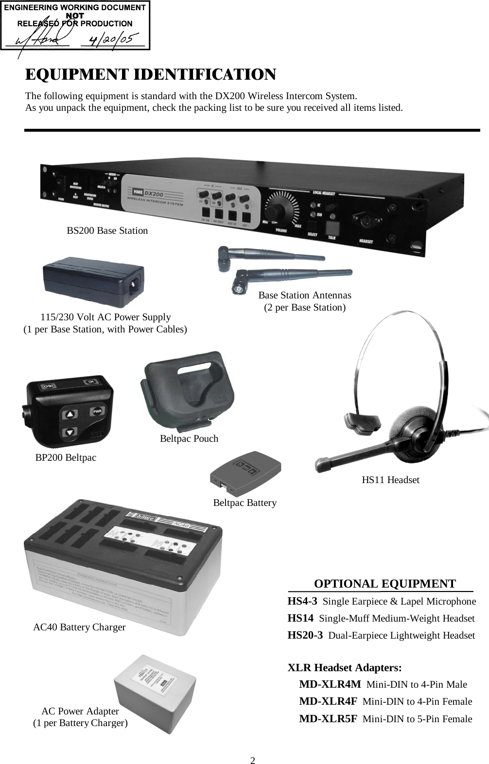  2 HS11 Headset AC40 Battery Charger EQUIPMENT IDENTIFICATION The following equipment is standard with the DX200 Wireless Intercom System.   As you unpack the equipment, check the packing list to be sure you received all items listed.                                             Base Station Antennas (2 per Base Station) 115/230 Volt AC Power Supply (1 per Base Station, with Power Cables) AC Power Adapter (1 per Battery Charger) BP200 Beltpac OPTIONAL EQUIPMENT HS4-3  Single Earpiece &amp; Lapel Microphone HS14  Single-Muff Medium-Weight Headset HS20-3  Dual-Earpiece Lightweight Headset  XLR Headset Adapters:     MD-XLR4M  Mini-DIN to 4-Pin Male     MD-XLR4F  Mini-DIN to 4-Pin Female     MD-XLR5F  Mini-DIN to 5-Pin Female BS200 Base Station Beltpac Battery Beltpac Pouch 