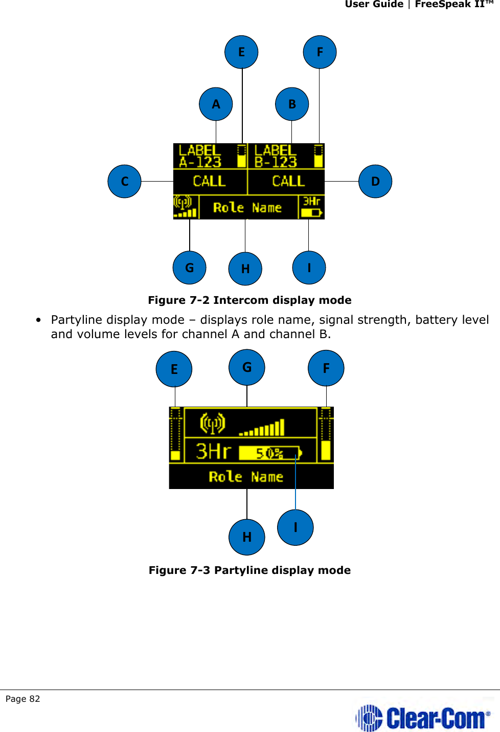 User Guide | FreeSpeak II™  Page 82    Figure 7-2 Intercom display mode • Partyline display mode – displays role name, signal strength, battery level and volume levels for channel A and channel B.  Figure 7-3 Partyline display mode      A BDCGHIE FHIGEF
