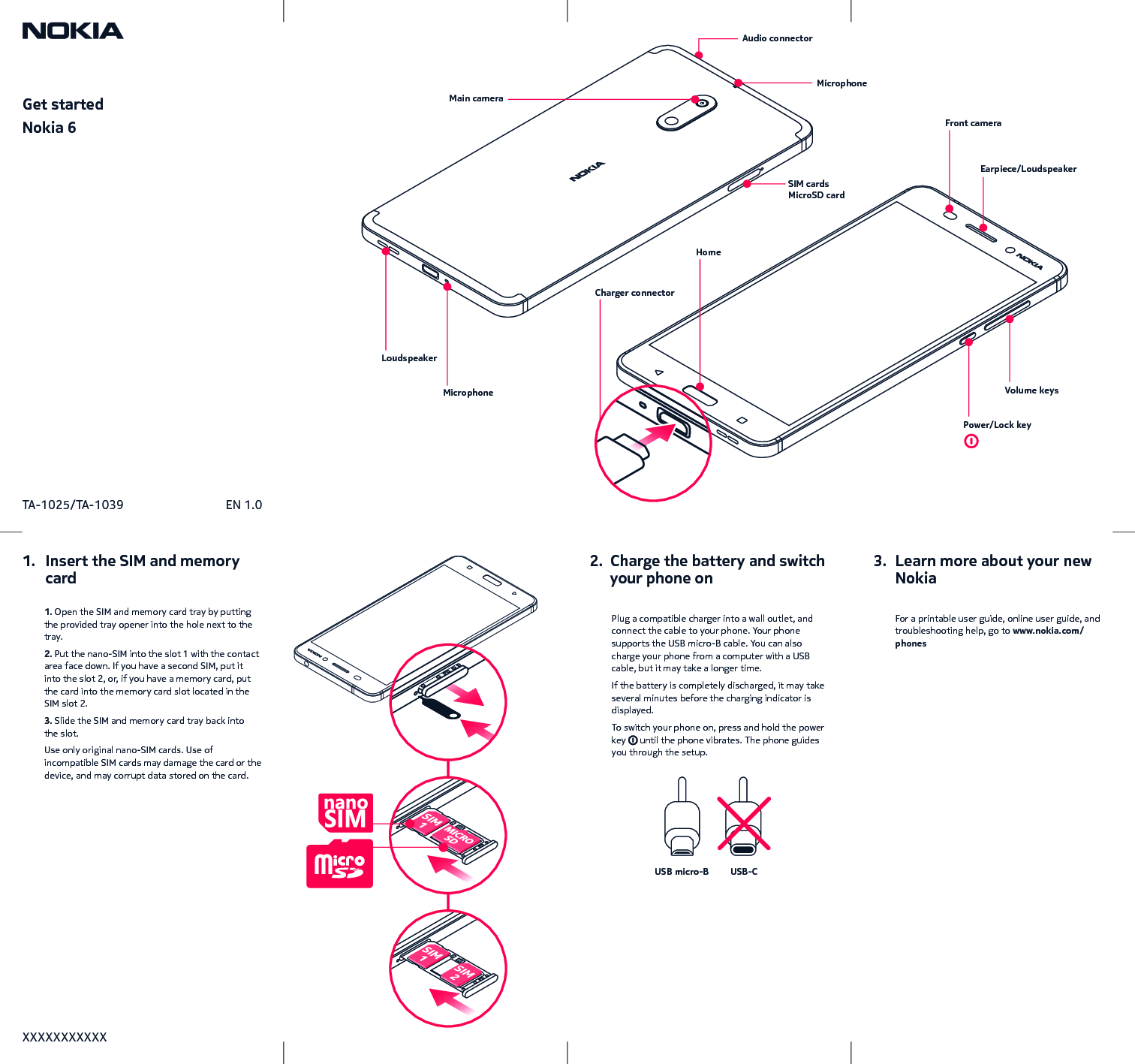 Get startedNokia 6USB micro-B USB-CXXXXXXXXXXXTA-1025/TA-1039 EN 1.0 Plug a compatible charger into a wall outlet, and connect the cable to your phone. Your phone supports the USB micro-B cable. You can also charge your phone from a computer with a USB cable, butit may take a longer time.If the battery is completely discharged, it may take several minutes before the charging indicator is displayed.To switch your phone on, press and hold the power key   until the phone vibrates. The phone guides you through the setup.  1. Open the SIM and memory card tray by putting the provided tray opener into the hole next to the tray.2. Put the nano-SIM into the slot 1 with the contact area face down. If you have a second SIM, put it into the slot 2, or, if you have a memory card, put the card into the memory card slot located in the SIM slot 2.3. Slide the SIM and memory card tray back into the slot.Use only original nano-SIM cards. Use of incompatible SIM cards may damage the card or the device, and may corrupt data stored on the card.  For a printable user guide, online user guide, and troubleshooting help, go to www.nokia.com/phones1.   Insert the SIM and memory    card2.  Charge the battery and switch    your phone on3.  Learn more about your new    NokiaFront cameraPower/Lock keyVolume keysMicrophoneMicrophoneAudio connectorCharger connectorHomeEarpiece/LoudspeakerSIM cardsMicroSD cardLoudspeakerMain camera