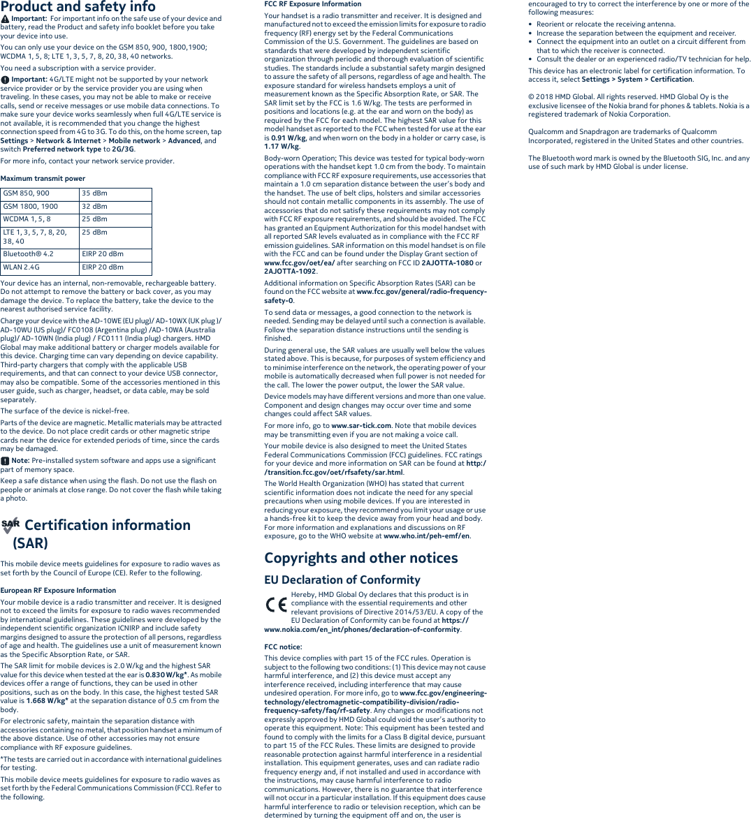 Page 2 of HMD global TA-1080 GSM/WCDMA/LTE Mobile Phone User Manual 