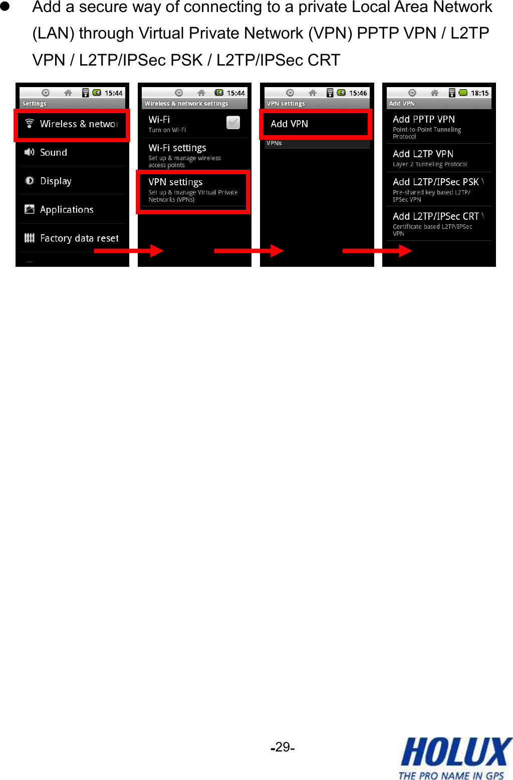 -    - 29   Add a secure way of connecting to a private Local Area Network (LAN) through Virtual Private Network (VPN) PPTP VPN / L2TP VPN / L2TP/IPSec PSK / L2TP/IPSec CRT         