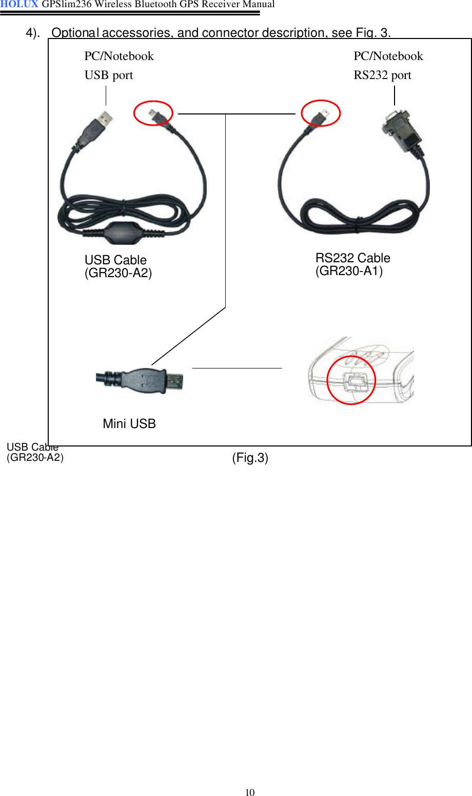 HOLUX GPSlim236 Wireless Bluetooth GPS Receiver Manual   10 4). Optional accessories, and connector description, see Fig. 3.                                 (Fig.3) USB Cable (GR230-A2)       USB Cable (GR230-A2)  RS232 Cable (GR230-A1)  Mini USB  PC/NotebookUSB port PC/Notebook RS232 port 
