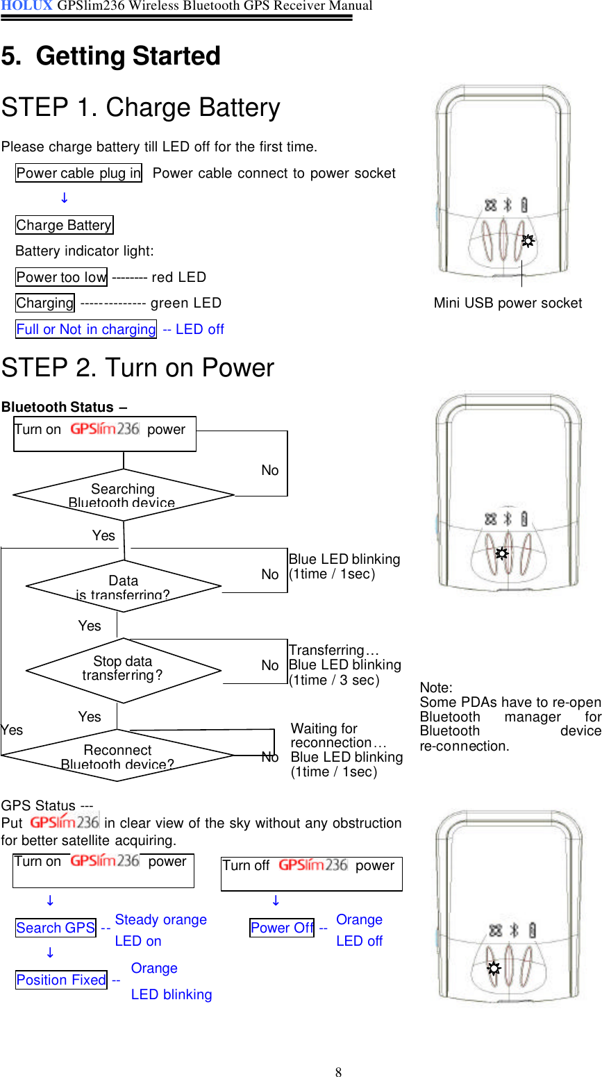 HOLUX GPSlim236 Wireless Bluetooth GPS Receiver Manual   8 5. Getting Started STEP 1. Charge Battery Please charge battery till LED off for the first time. Power cable plug in  Power cable connect to power socket ↓ Charge Battery Battery indicator light: Power too low -------- red LED   Charging -------------- green LED Full or Not in charging -- LED off         Mini USB power socket STEP 2. Turn on Power Bluetooth Status –               Note: Some PDAs have to re-open Bluetooth manager for Bluetooth device re-connection.   GPS Status --- Put   in clear view of the sky without any obstruction for better satellite acquiring.   ↓                             ↓ Search GPS --                   Power Off --   ↓ Position Fixed --    Turn on  power Blue LED blinking (1time / 1sec) Transferring… Blue LED blinking (1time / 3 sec) Waiting for reconnection… Blue LED blinking (1time / 1sec) No Searching  Bluetooth device Stop data transferring? Data is transferring? Reconnect Bluetooth device? No No No Yes Yes Yes Yes Turn on  power Turn off  power Steady orange LED on Orange   LED blinking Orange LED off 