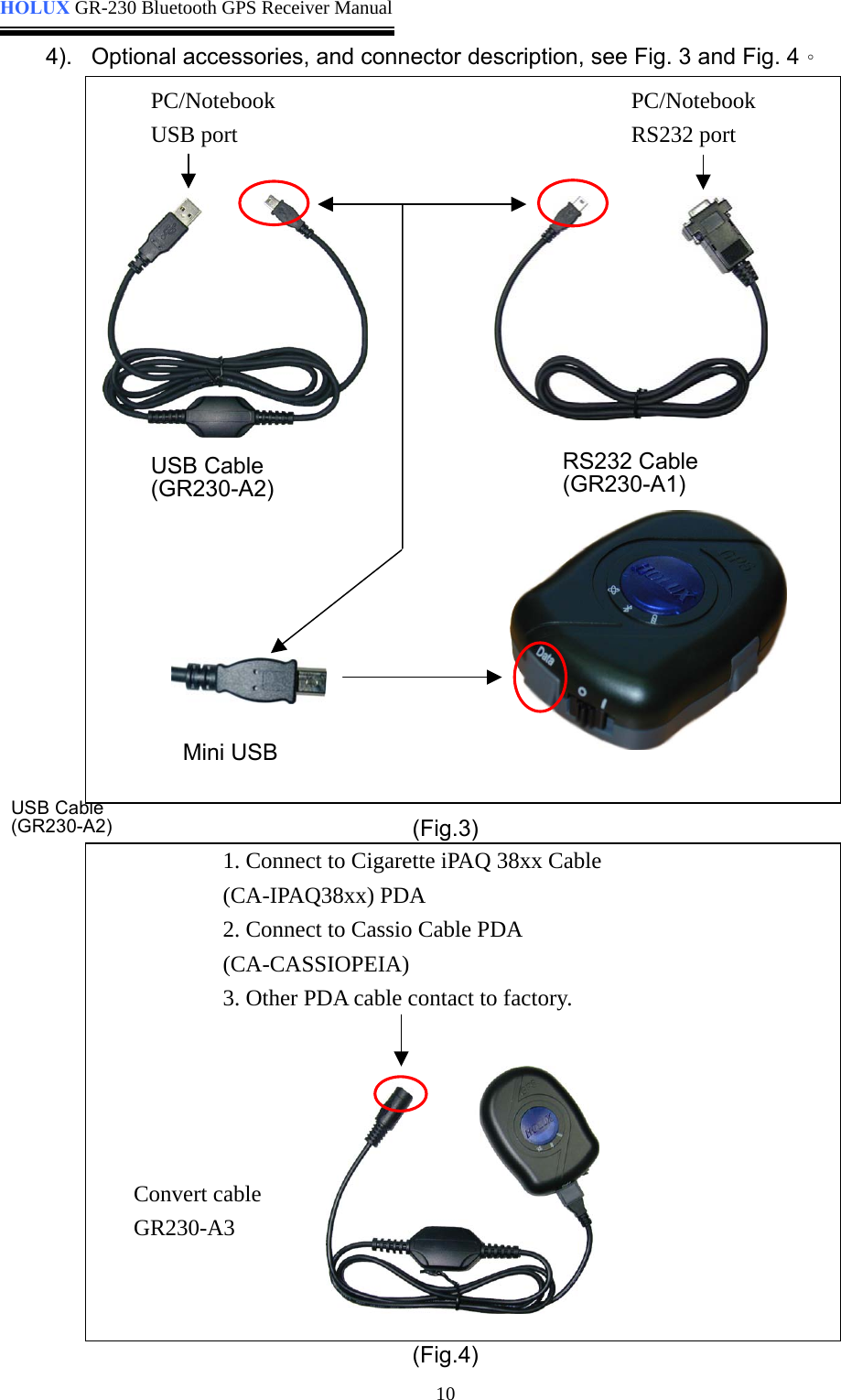  HOLUX GR-230 Bluetooth GPS Receiver Manual  4).  Optional accessories, and connector description, see Fig. 3 and Fig. 4。                                USB C(GR230-  able A2)  (Fig.3)    10                   (Fig.4) PC/Notebook RS232 port PC/NotebookUSB port USB Cable (GR230-A2)  RS232 Cable (GR230-A1)  Mini USB   1. Connect to Cigarette iPAQ 38xx Cable Cable PDA . Other PDA cable contact to factory.  (CA-IPAQ38xx) PDA 2. Connect to Cassio (CA-CASSIOPEIA) 3Convert cable GR230-A3 