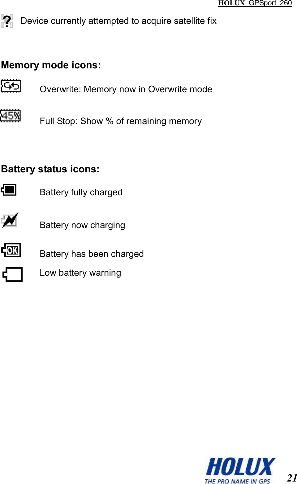 HOLUX  GPSport  260  21   Device currently attempted to acquire satellite fix  Memory mode icons:     Overwrite: Memory now in Overwrite mode  Full Stop: Show % of remaining memory   Battery status icons:     Battery fully charged     Battery now charging     Battery has been charged Low battery warning 