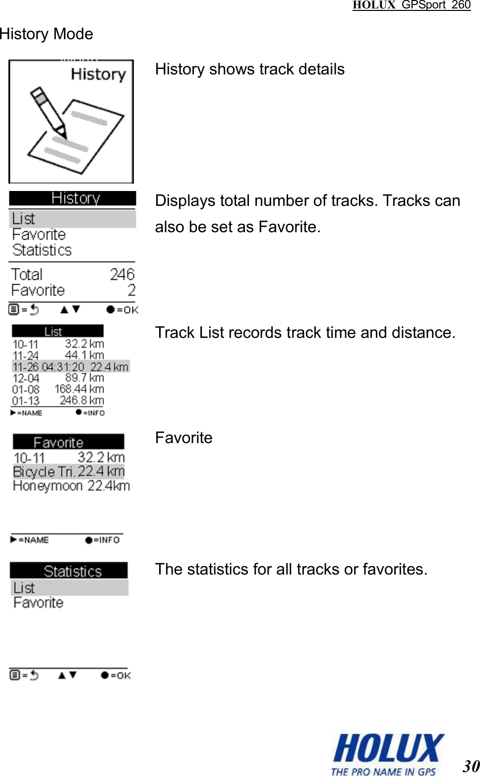 HOLUX  GPSport  260  30 History Mode  History shows track details  Displays total number of tracks. Tracks can also be set as Favorite.  Track List records track time and distance.  Favorite  The statistics for all tracks or favorites. 