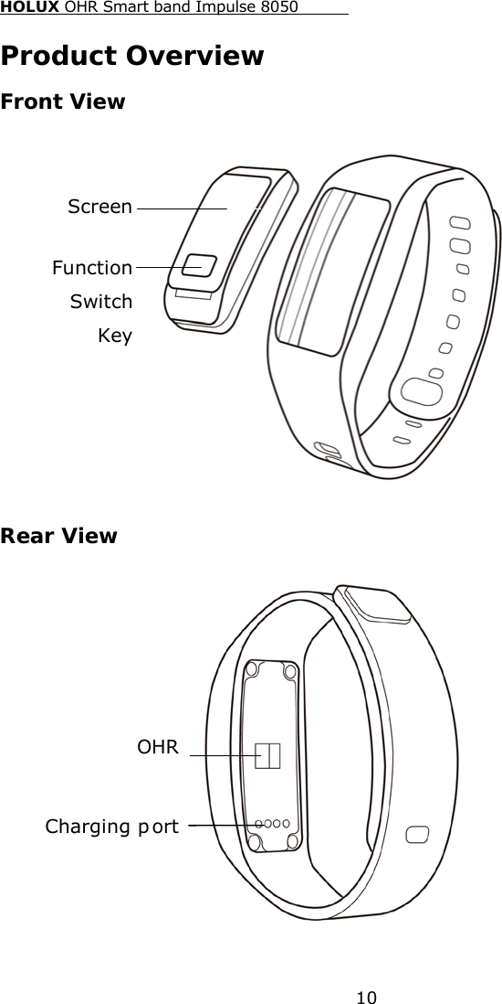 HOLUX OHR Smart band Impulse 8050  10 Product Overview Front View  Rear View  Screen Function Switch Key Charging p ort OHR 