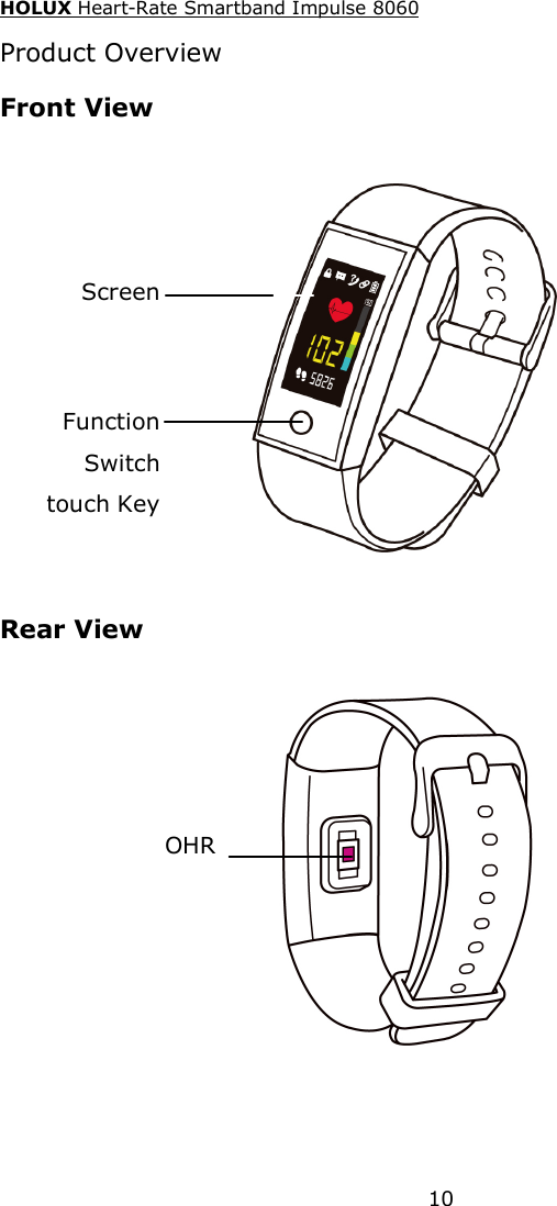 HOLUX Heart-Rate Smartband Impulse 8060  10 Product Overview Front View  Rear View  ScreenFunction Switch touch KeyOHR