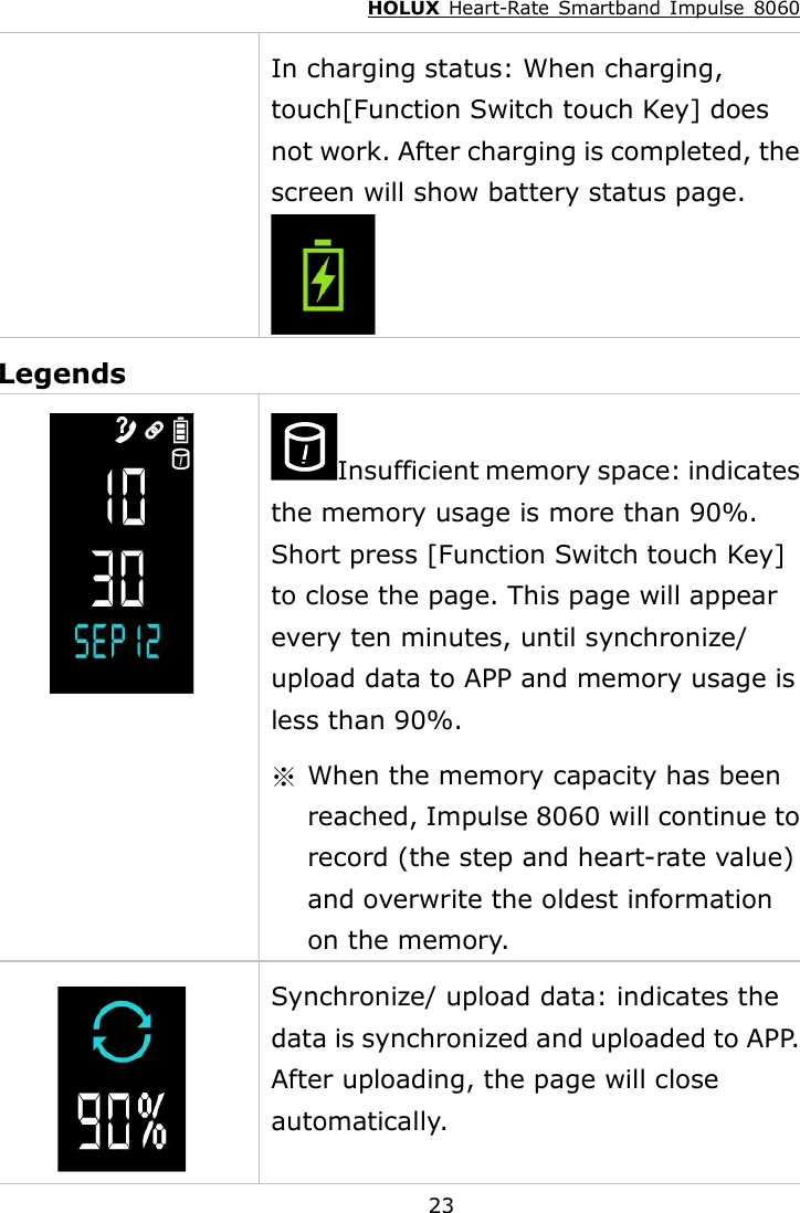 HOLUX  Heart-Rate  Smartband  Impulse  8060  23 In charging status: When charging, touch[Function Switch touch Key] does not work. After charging is completed, the screen will show battery status page.  Legends  Insufficient memory space: indicates the memory usage is more than 90%. Short press [Function Switch touch Key] to close the page. This page will appear every ten minutes, until synchronize/ upload data to APP and memory usage is less than 90%. ※  When the memory capacity has been reached, Impulse 8060 will continue to record (the step and heart-rate value) and overwrite the oldest information on the memory.  Synchronize/ upload data: indicates the data is synchronized and uploaded to APP. After uploading, the page will close automatically. 