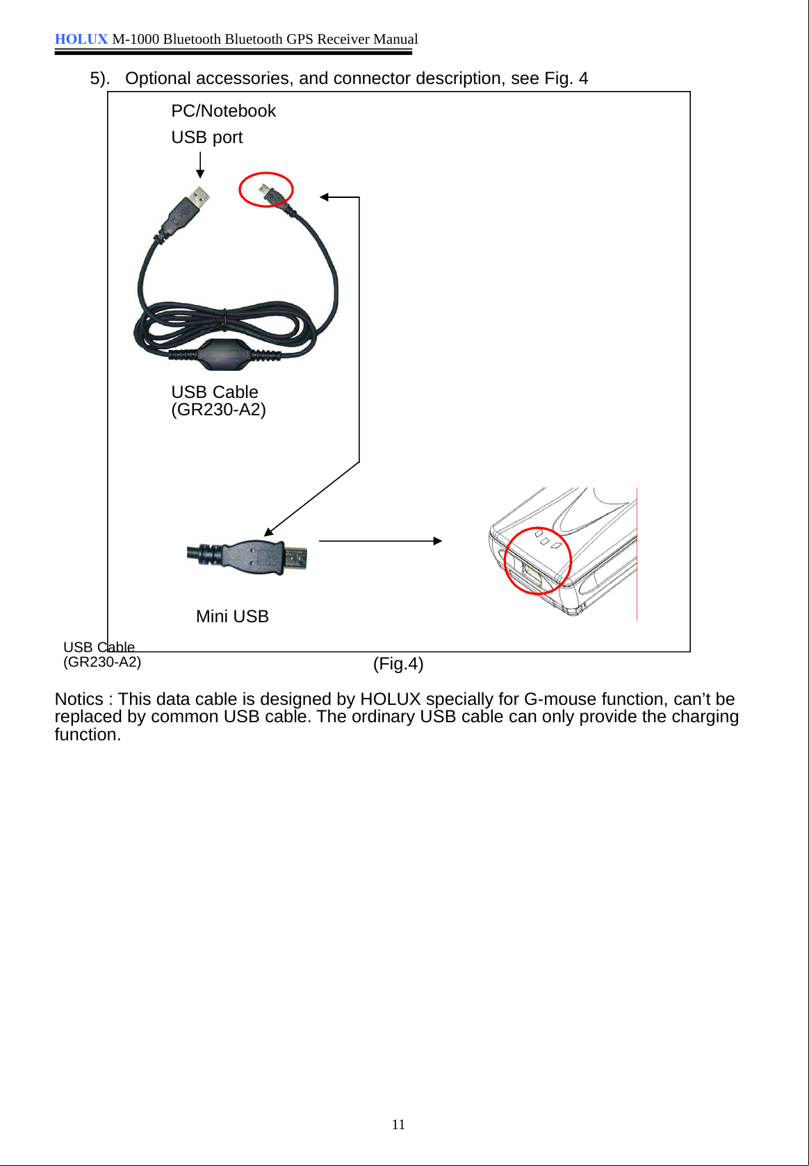HOLUX M-1000 Bluetooth Bluetooth GPS Receiver Manual115). Optional accessories, and connector description, see Fig. 4(Fig.4)USB Cable(GR230-A2)Notics : This data cable is designed by HOLUX specially for G-mouse function, can’t be        replaced by common USB cable. The ordinary USB cable can only provide the chargingfunction.USB Cable(GR230-A2)Mini USBPC/NotebookUSB port
