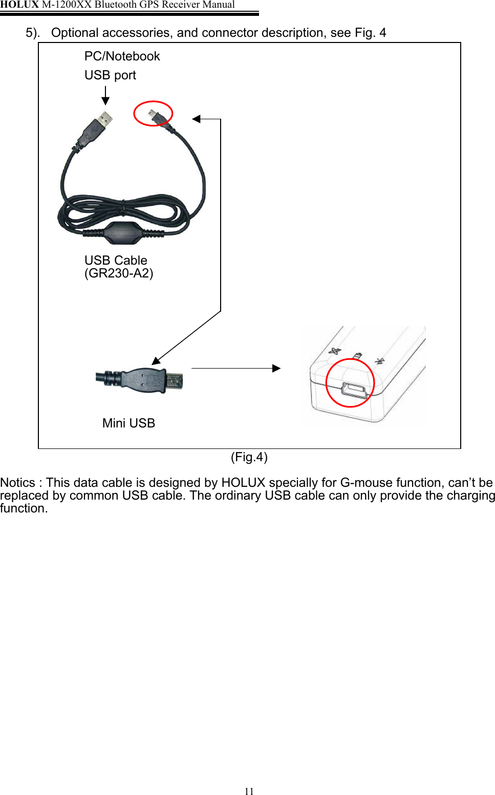 HOLUX M-1200XX Bluetooth GPS Receiver Manual   115).  Optional accessories, and connector description, see Fig. 4                                 (Fig.4)  Notics : This data cable is designed by HOLUX specially for G-mouse function, can’t be                 replaced by common USB cable. The ordinary USB cable can only provide the charging function.                    USB Cable (GR230-A2)  Mini USB   PC/NotebookUSB port 