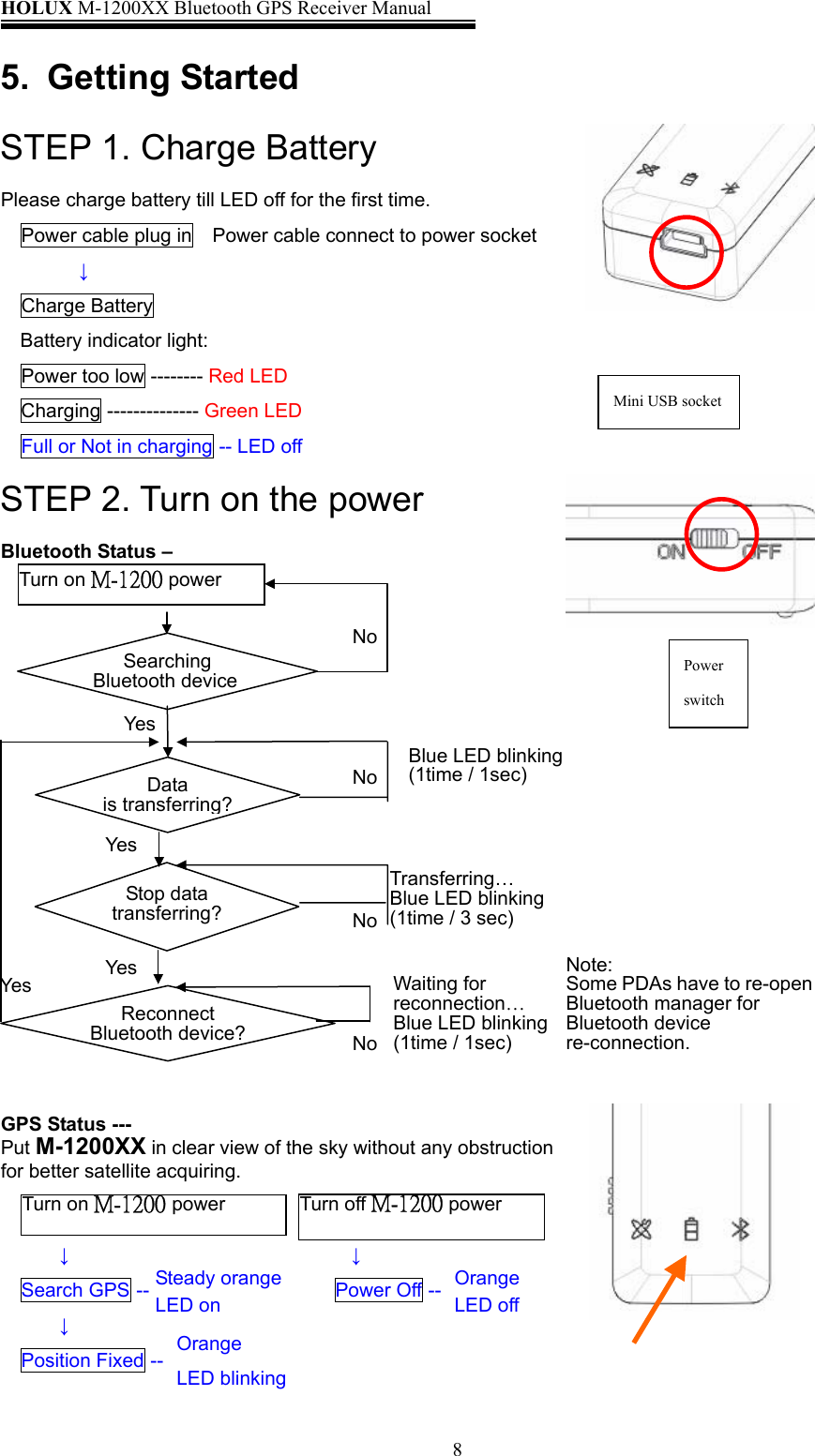 HOLUX M-1200XX Bluetooth GPS Receiver Manual   85. Getting Started STEP 1. Charge Battery Please charge battery till LED off for the first time. Power cable plug in    Power cable connect to power socket ↓ Charge Battery Battery indicator light: Power too low -------- Red LED   Charging -------------- Green LED Full or Not in charging -- LED off     STEP 2. Turn on the power Bluetooth Status –       Note: Some PDAs have to re-open Bluetooth manager for Bluetooth device re-connection.   GPS Status --- Put M-1200XX in clear view of the sky without any obstruction for better satellite acquiring.   ↓                             ↓ Search GPS --                   Power Off --  ↓ Position Fixed --    Power switch Turn on M-1200 powerBlue LED blinking (1time / 1sec) Transferring…Blue LED blinking(1time / 3 sec) Waiting for reconnection… Blue LED blinking(1time / 1sec) NoSearching Bluetooth device Stop data transferring?Data is transferring? Reconnect Bluetooth device? NoNoNoYes Yes Yes Yes Turn on M-1200 power  Turn off M-1200powerSteady orange LED on Orange  LED blinking OrangeLED offMini USB socket 
