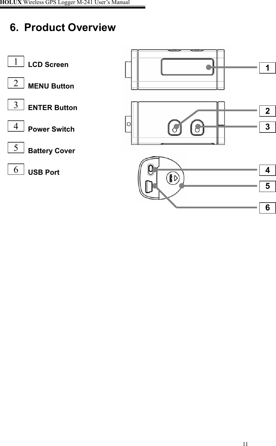 HOLUX Wireless GPS Logger M-241 User’s Manual   111 2 4 3 5 6 6. Product Overview      1  LCD Screen 2  MENU Button 3   ENTER Button 4  Power Switch 5   Battery Cover 6   USB Port  