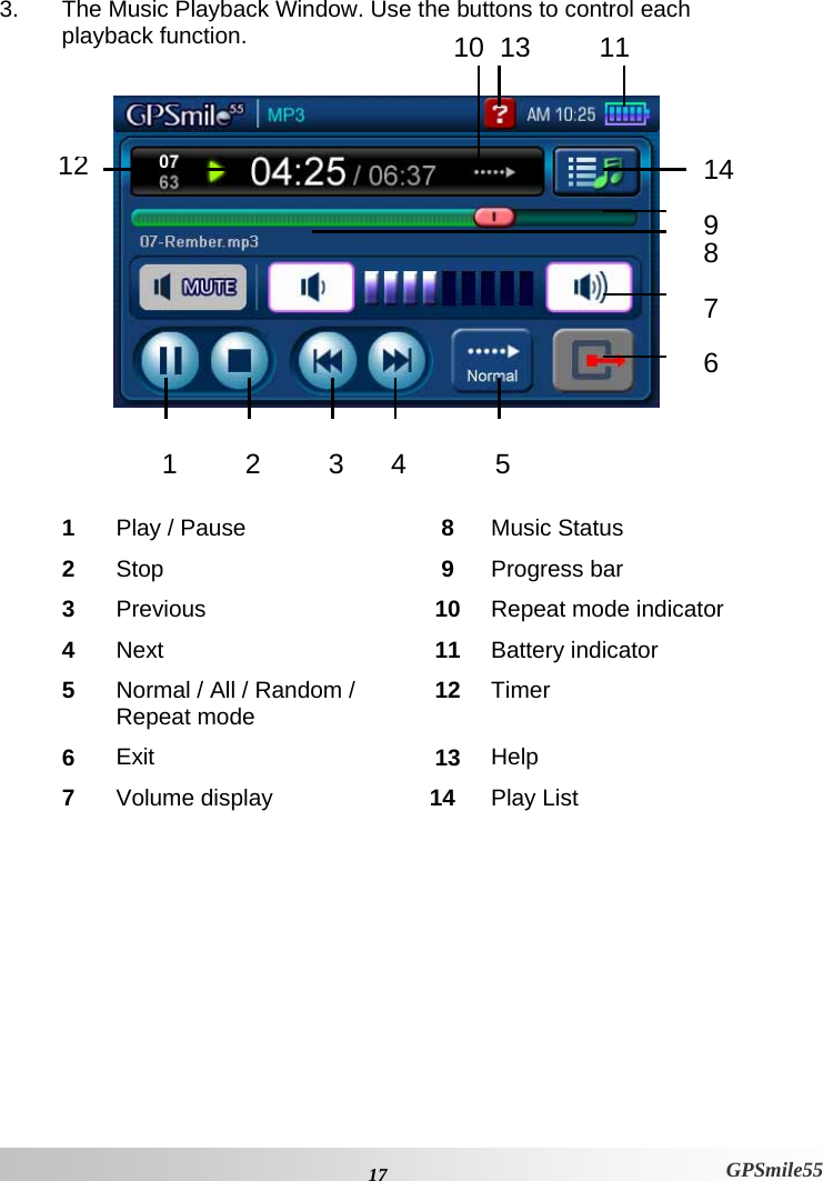  17 GPSmile55 3.  The Music Playback Window. Use the buttons to control each playback function.      1  Play / Pause  8  Music Status 2  Stop  9  Progress bar 3  Previous  10  Repeat mode indicator 4  Next  11  Battery indicator 5  Normal / All / Random / Repeat mode  12  Timer 6  Exit  13  Help 7  Volume display  14  Play List         1423 514 9 8  7  6 12 11 10 13