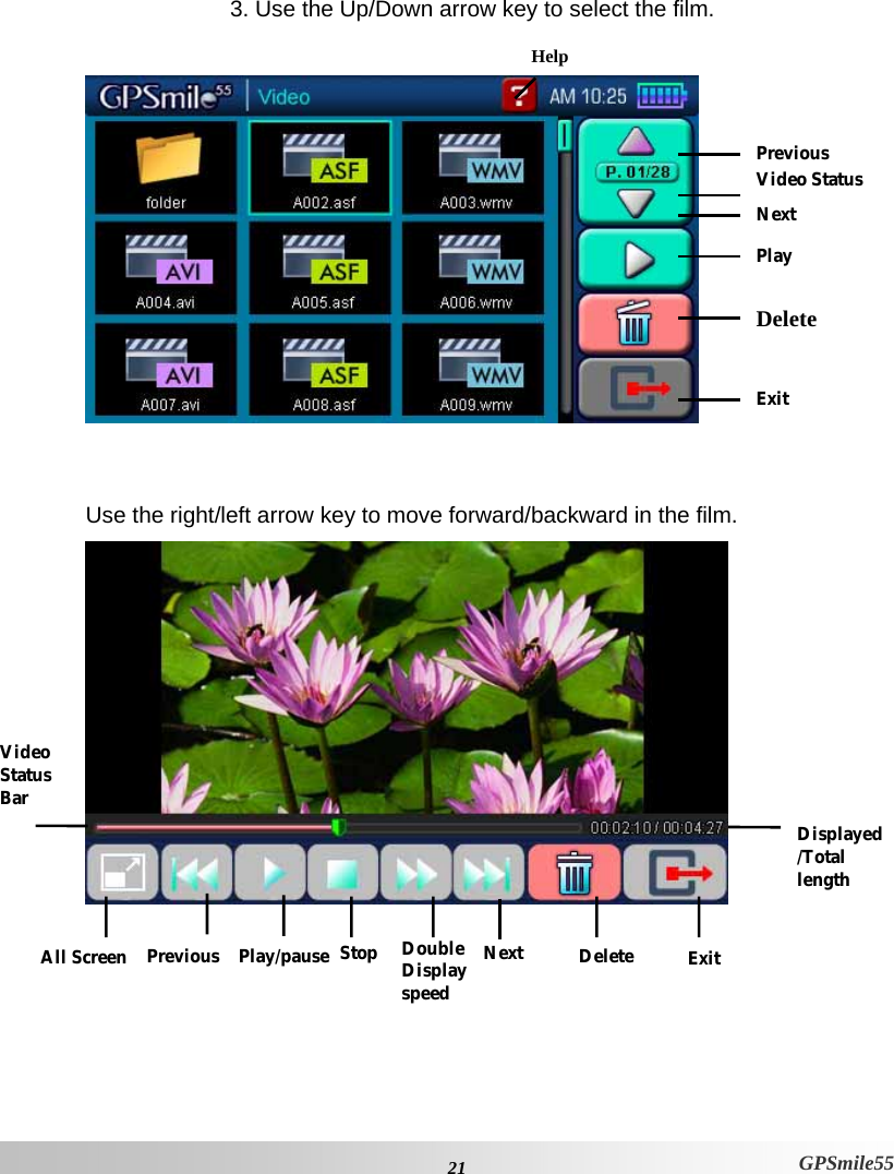  21 GPSmile55 3. Use the Up/Down arrow key to select the film.     Use the right/left arrow key to move forward/backward in the film.       Video Status Previous Next Play DeleteExit Help Video Status  Bar All Screen  Previous Play/pause Stop  Double Display speed Next  Delete  Exit Displayed/Total length 